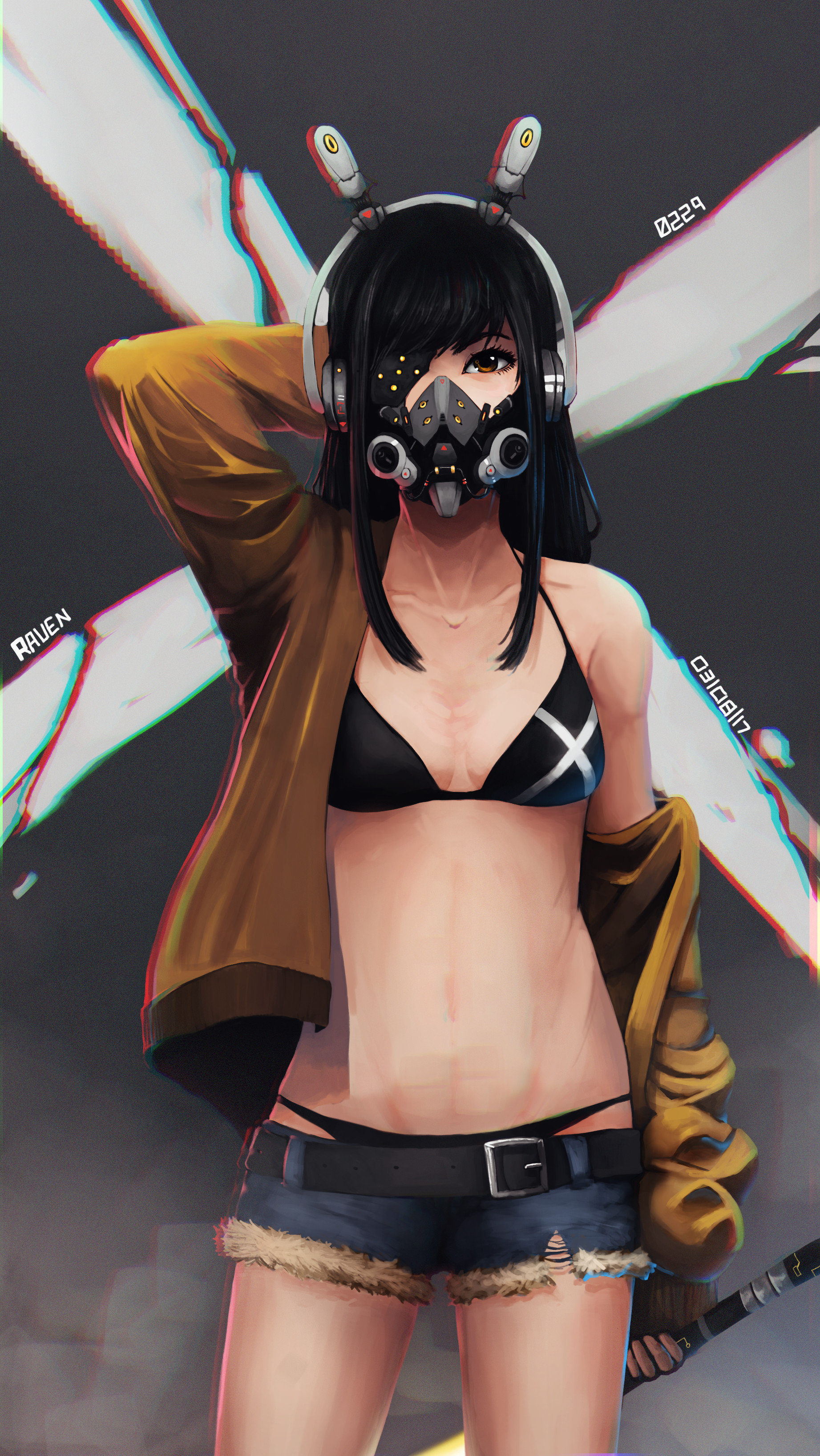 Anime 1843x3271 digital art mask cyberpunk sword gas masks