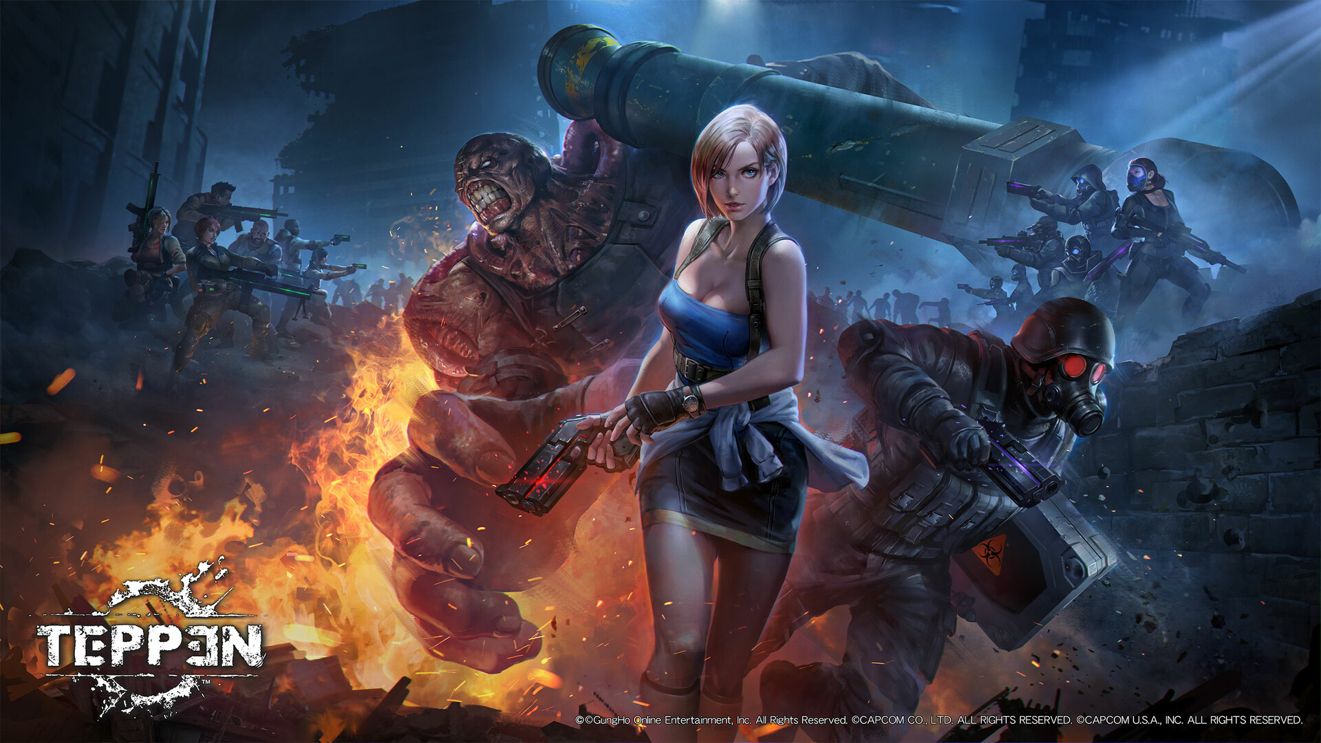 General 1920x1080 Jeremy Chong drawing Resident Evil Jill Valentine poster video game art women brunette short hair weapon gun skirt cleavage backpacks fire sparks creature mask helmet fighting cannons blue eyes knot looking at viewer Project Nemesis