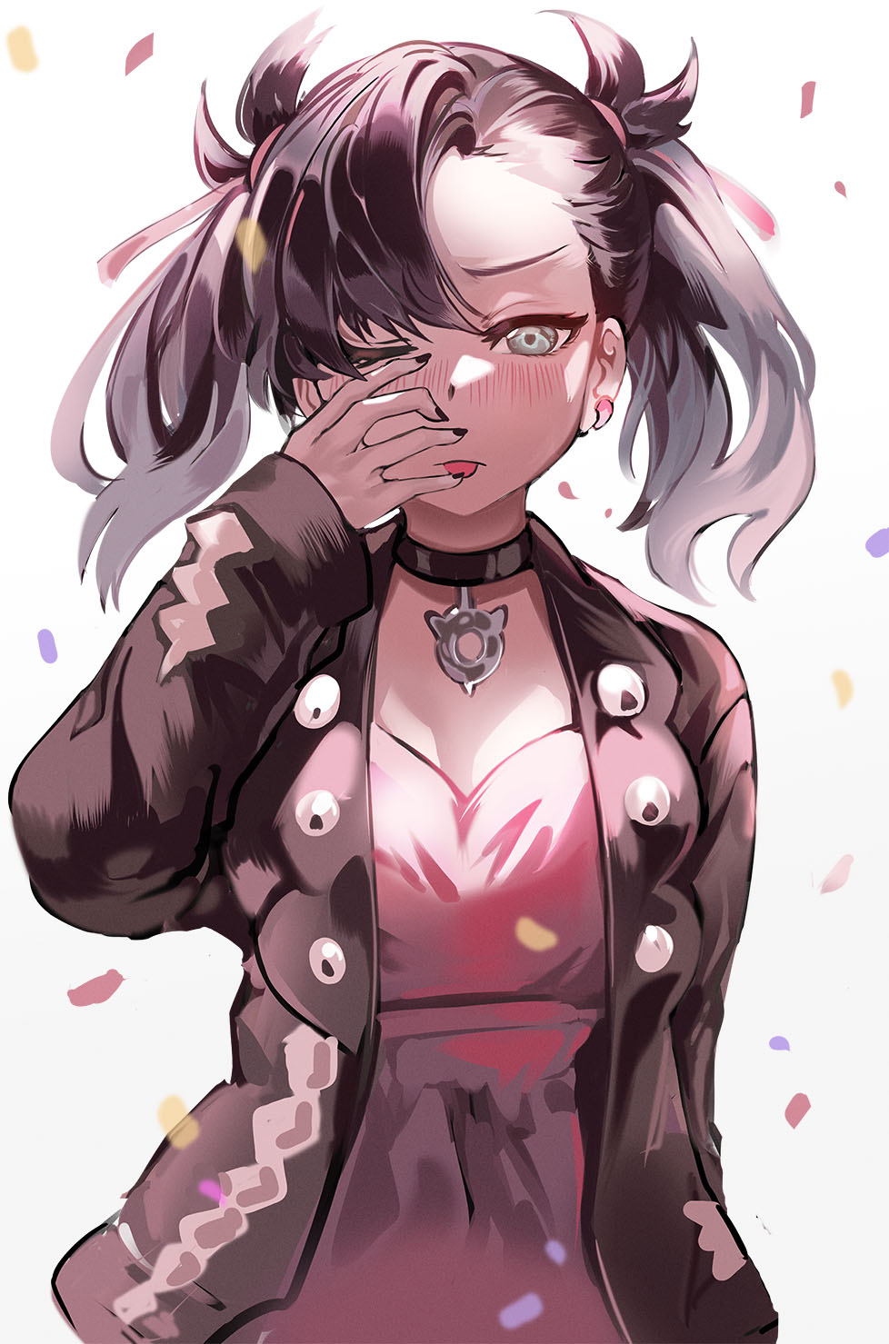 Anime 978x1479 anime anime girls 2D portrait display Marnie (Pokémon) Pokémon dark hair tongue out blushing Su Ru tongues necklace painted nails black nails women simple background white background