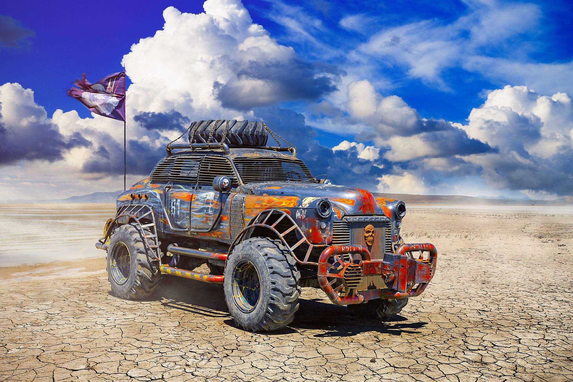 General 2000x1333 car desolate landscape apocalyptic punk flag desert sky clouds wheels chains 4x4 frontal view Ares (artist)