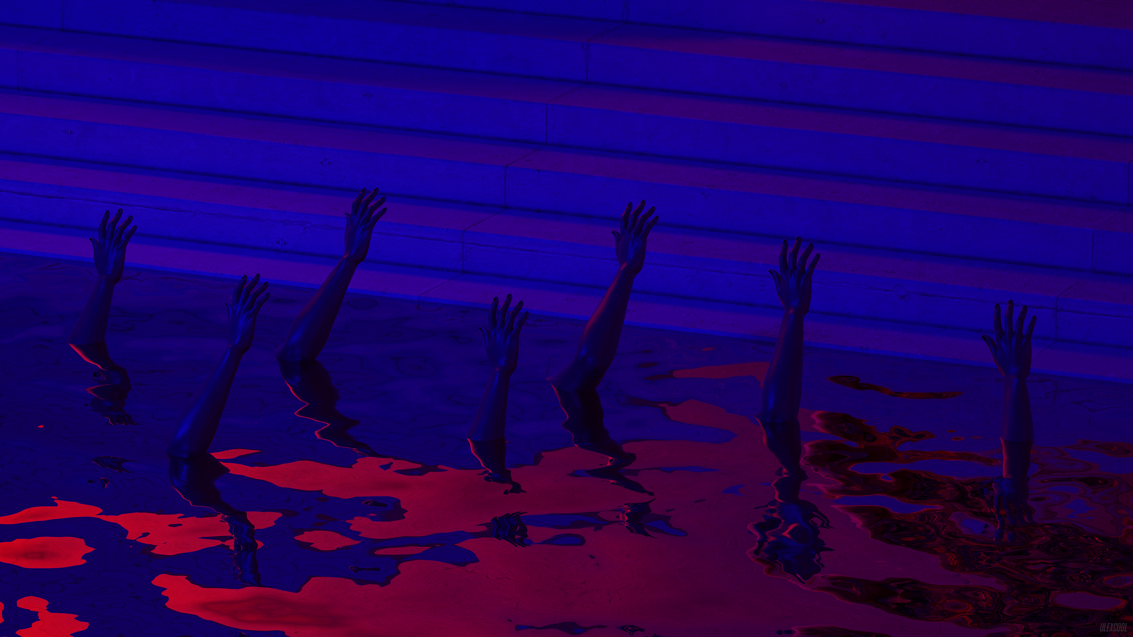 General 3840x2160 neon blue red water hands stairs reflection cult cultist arms digital art