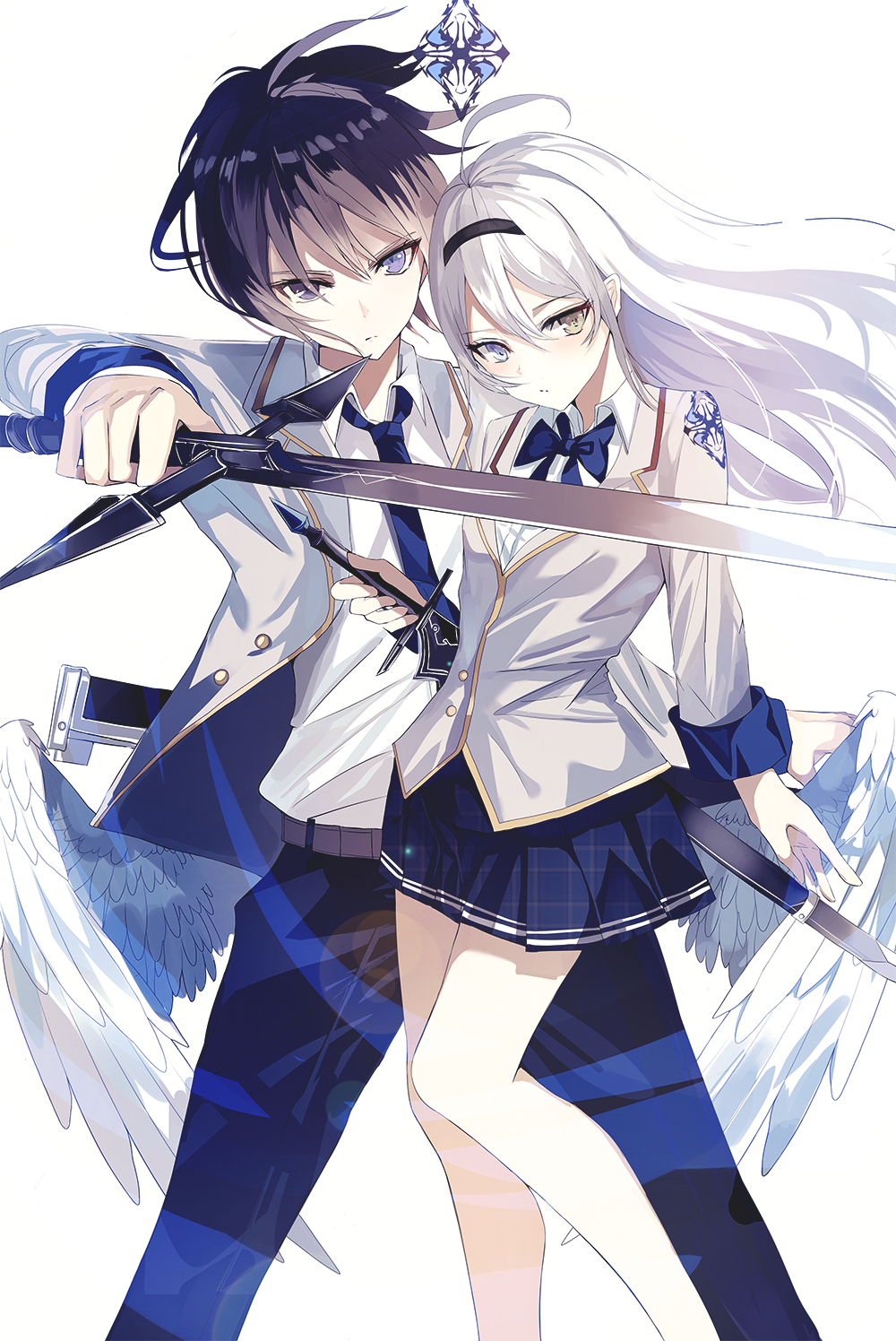 Anime 1000x1496 anime digital art artwork 2D portrait display Greennight school uniform sword wings anime girls anime boys