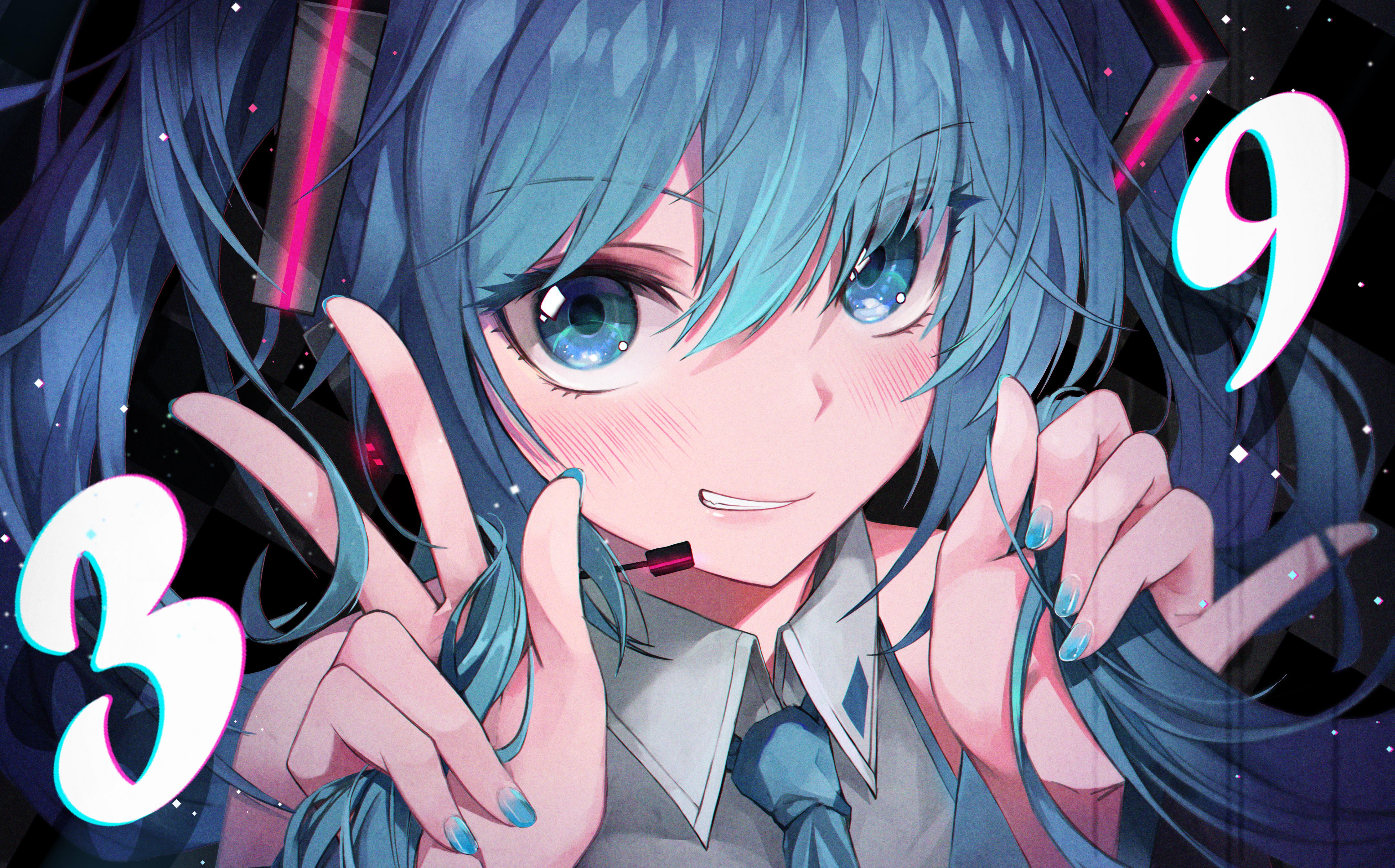 Anime 4500x2800 anime 2D digital art Hatsune Miku Vocaloid anime girls twintails blue hair smiling blue eyes CrystalHerb