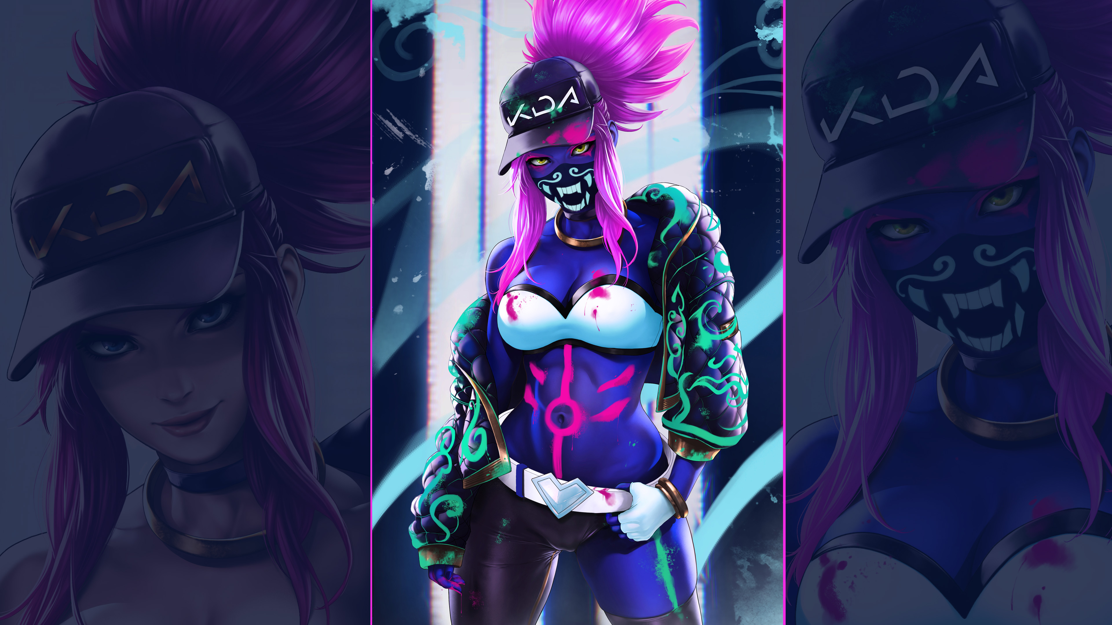 General 3840x2160 Dandonfuga Akali (League of Legends) collage baseball cap looking at viewer League of Legends