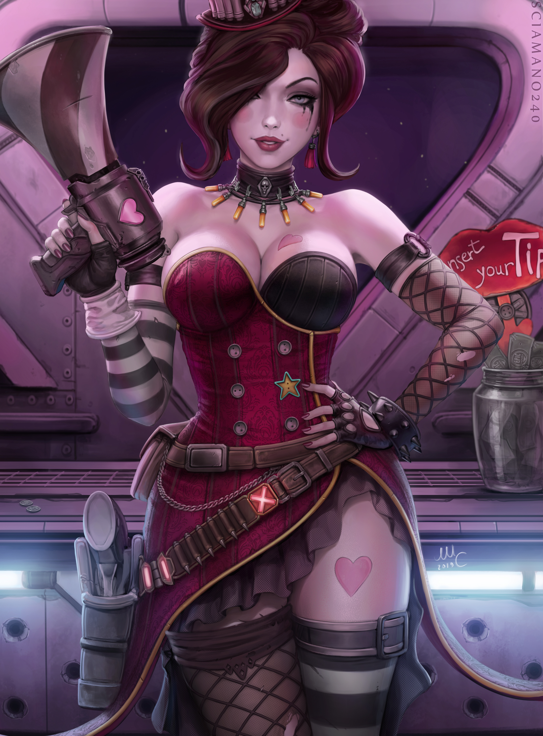 General 2213x3000 Moxxi Mad moxxi Borderlands Borderlands 2 video games video game characters women with hats red lipstick vertical collar makeup tattoo stockings thigh-highs fishnet stockings belt gun weapon bullet megaphones artwork drawing illustration digital art fan art Mirco Cabbia