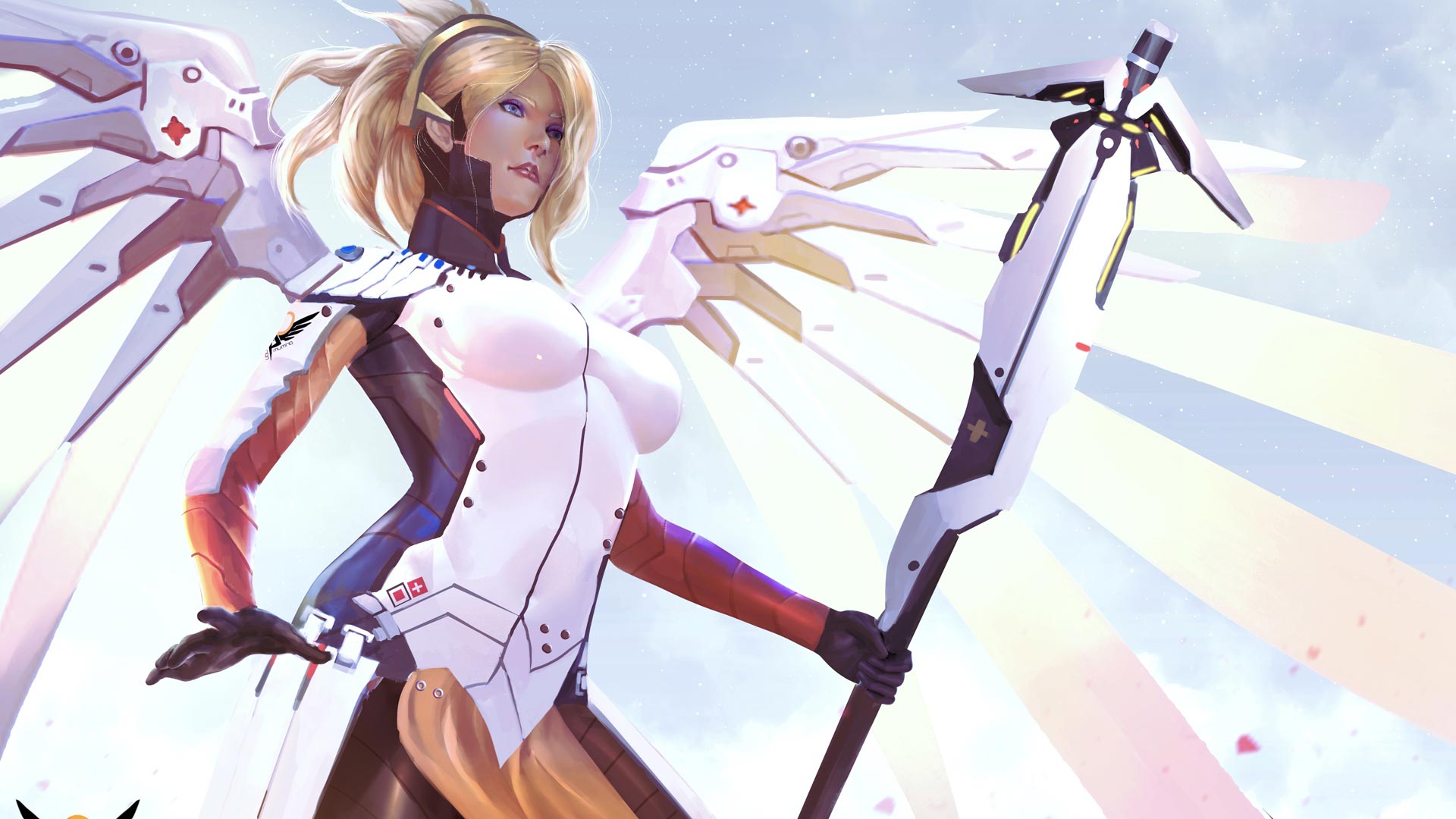 General 1920x1080 Mercy (Overwatch) Overwatch wings angel wings staff low-angle video game characters digital art