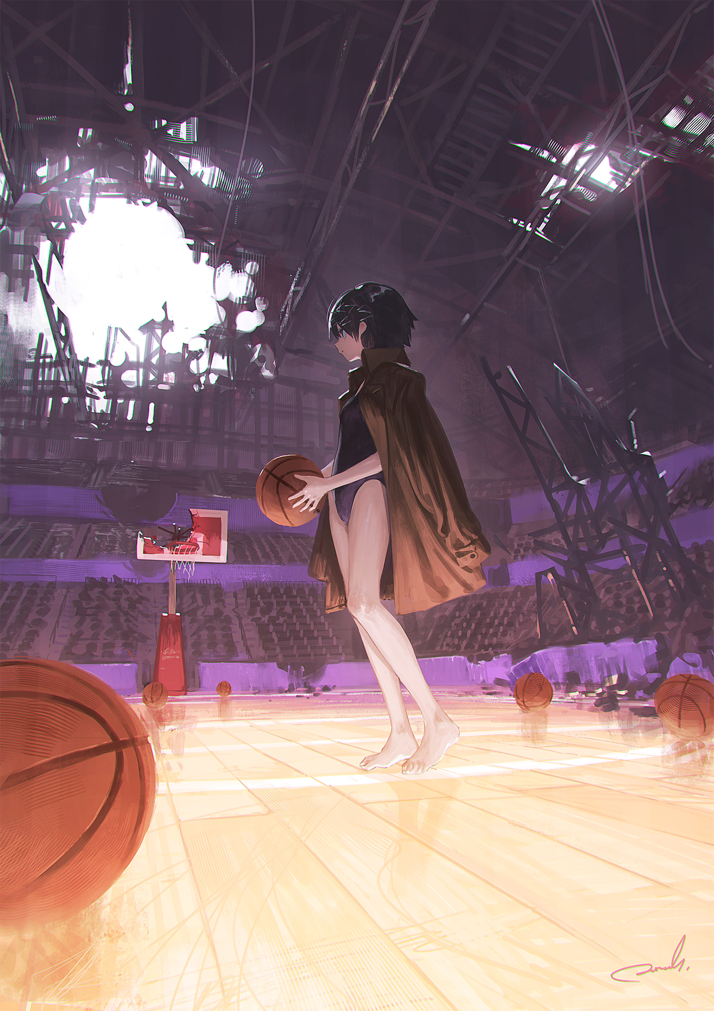Anime 1447x2047 anime anime girls digital art 2D artwork portrait display low-angle Reoen ruins short hair dark hair barefoot one-piece swimsuit basketball