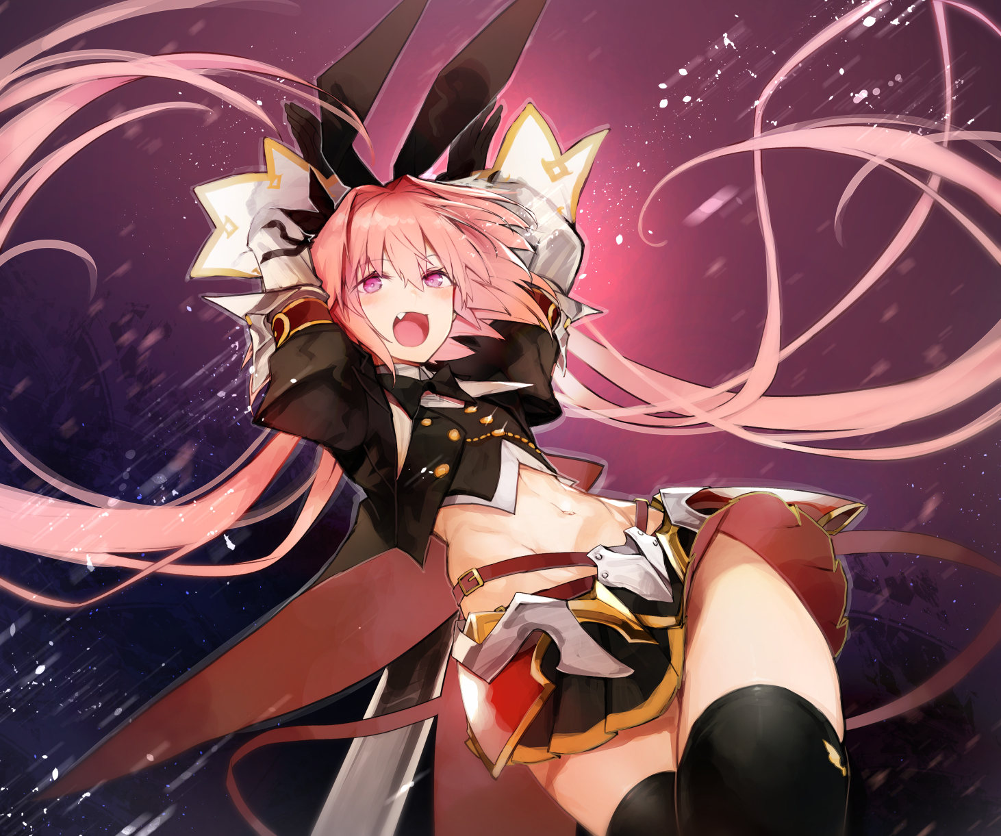 Anime 1462x1221 Fate series Fate/Apocrypha  Fate/Grand Order anime boys fan art 2D pink hair long hair thigh-highs bunny ears pink eyes black stockings Astolfo (Fate/Apocrypha) belly button open mouth belly anime femboy