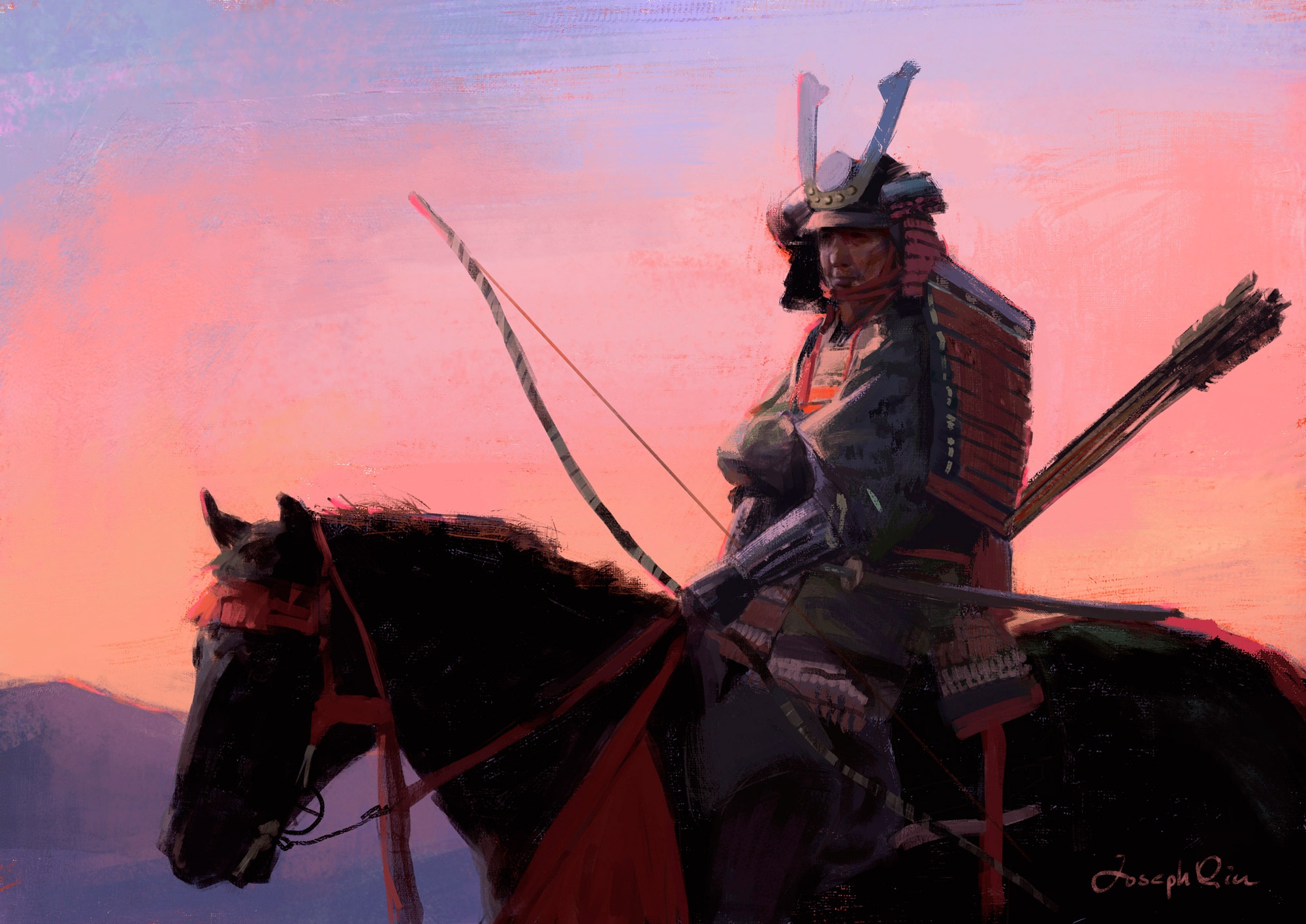 General 2000x1414 red dusk samurai horse Joseph Qin digital art watermarked