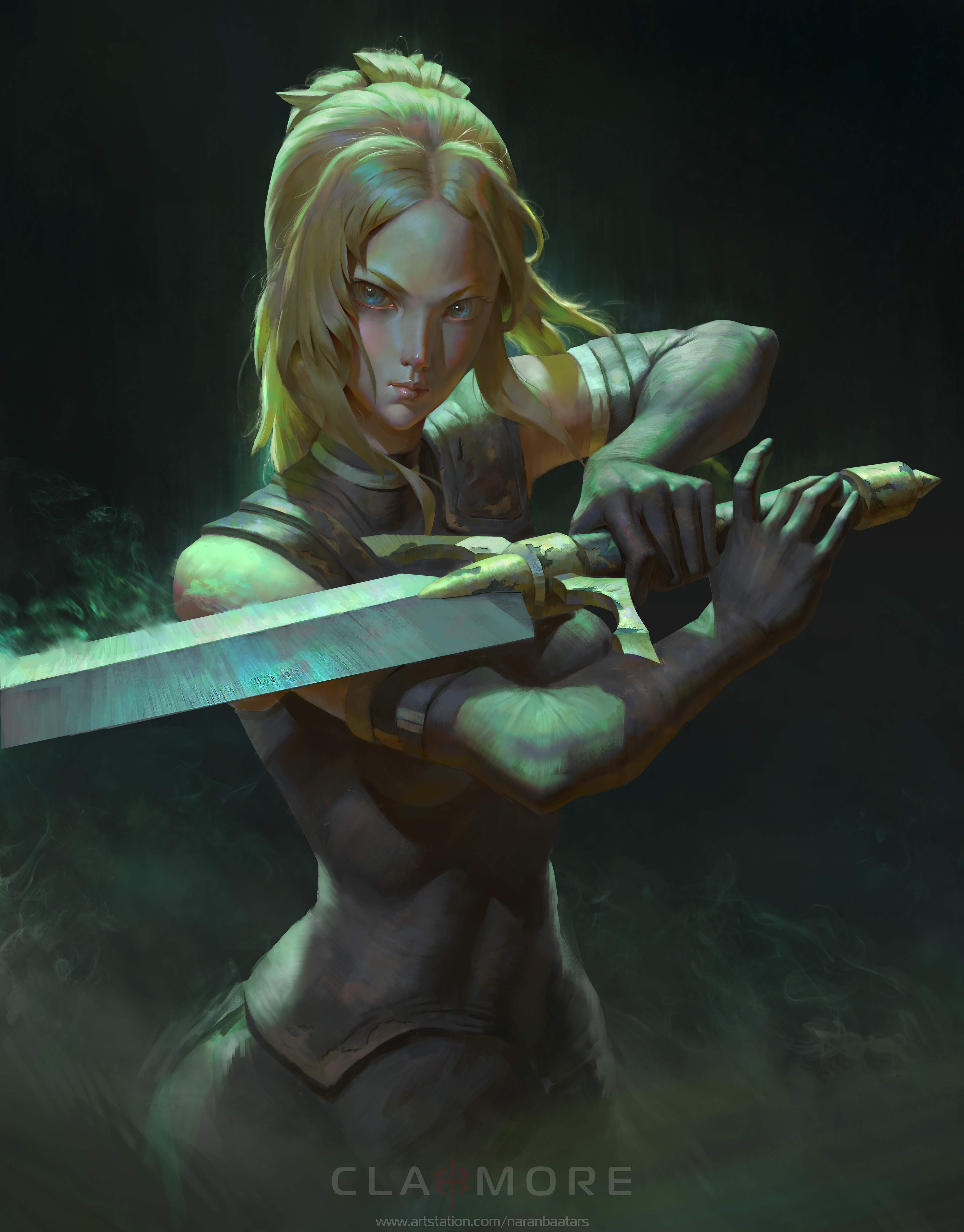 Anime 3840x4909 Claymore (anime) female warrior women with swords ponytail long hair long sleeves anime girls muscles abs 2D Miria (Claymore) portrait display curvy looking at viewer blue eyes tight clothing bare shoulders fan art hair in face hair blowing in the wind anime blonde