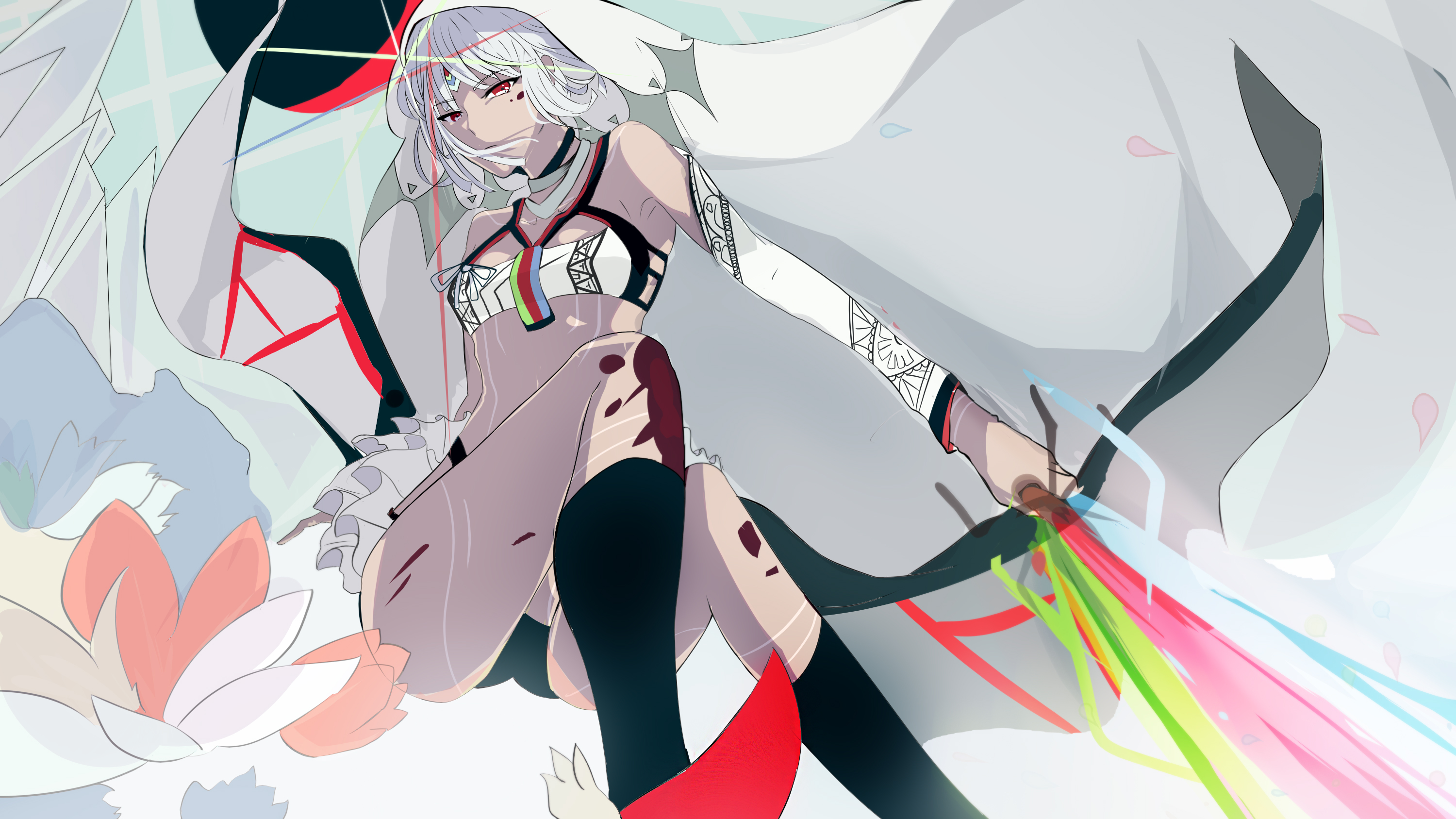 Anime 3000x1687 2D anime girls skirt Fate series Altera (Fate) armpits white hair weapon underwear thighs tattoo sword socks small boobs short hair shiny hair shiny red eyes petals looking at viewer jewelry headdress detached sleeves dark skin closed mouth choker bare shoulders tanned