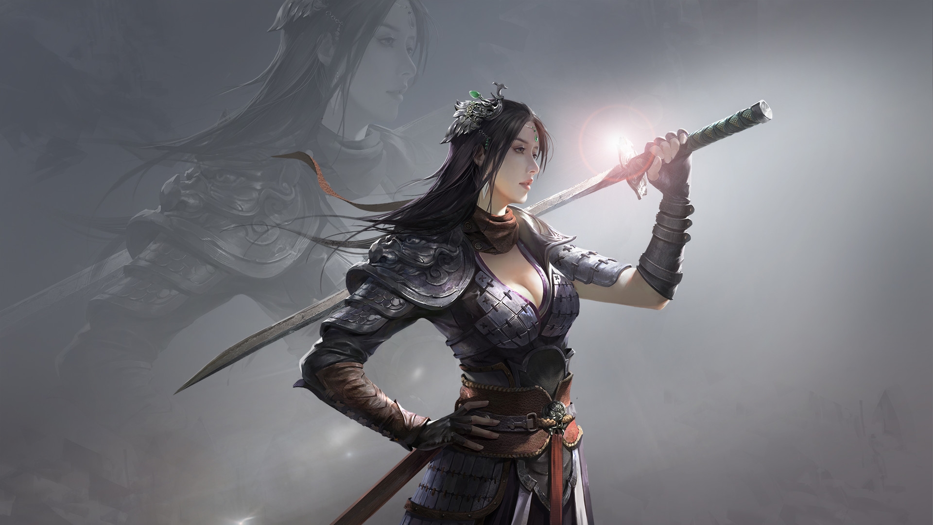 Anime 1920x1080 Wuxia xianxia women with swords sword artwork dark hair long hair fantasy art fantasy girl armor standing