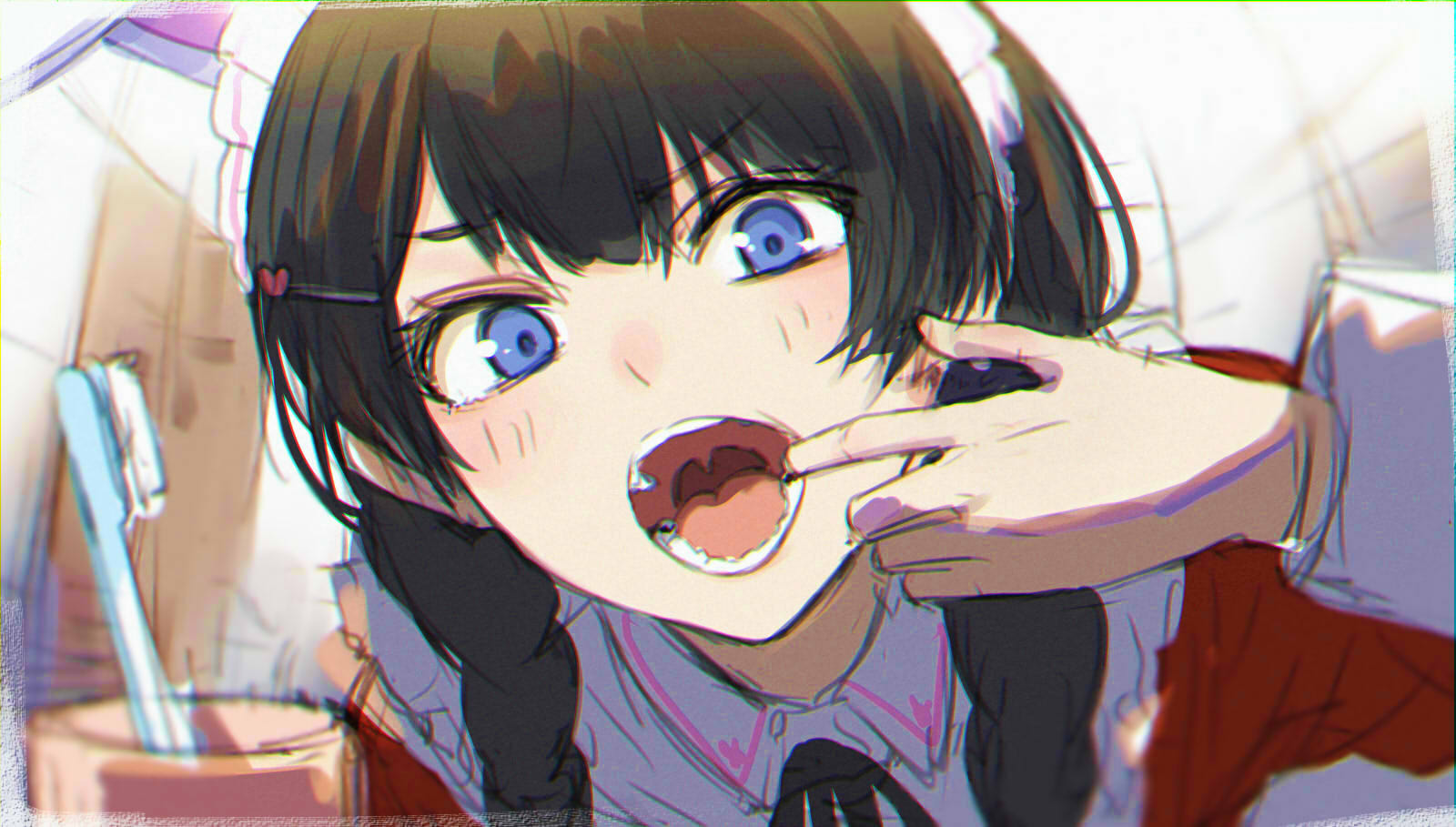 Anime 1600x909 anime anime girls digital art artwork 2D portrait Isshiki black hair blue eyes open mouth reflection teeth tongues Nijisanji Tsukino Mito