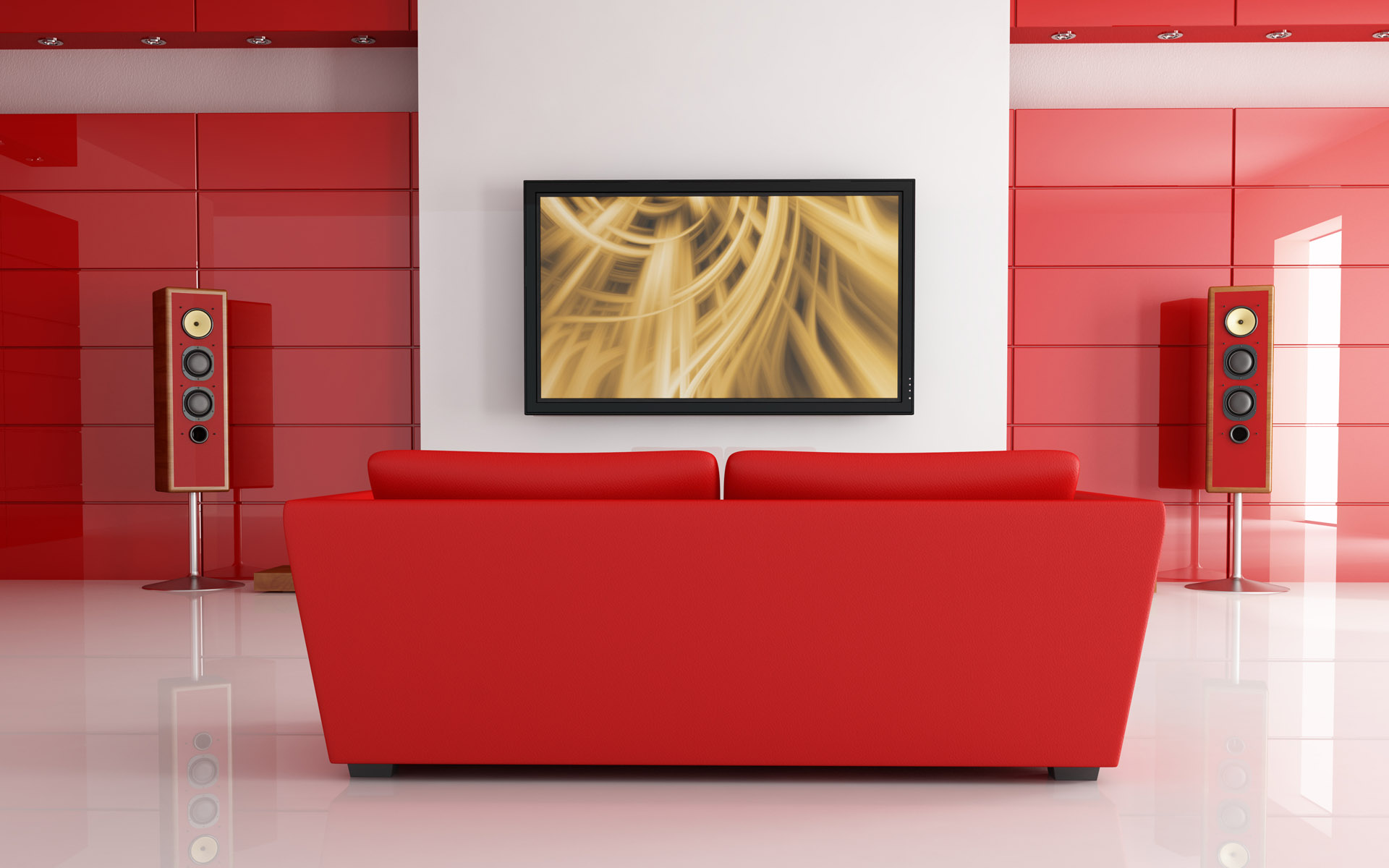 General 1920x1200 living rooms TV couch red speakers red couch white wall cushions frame