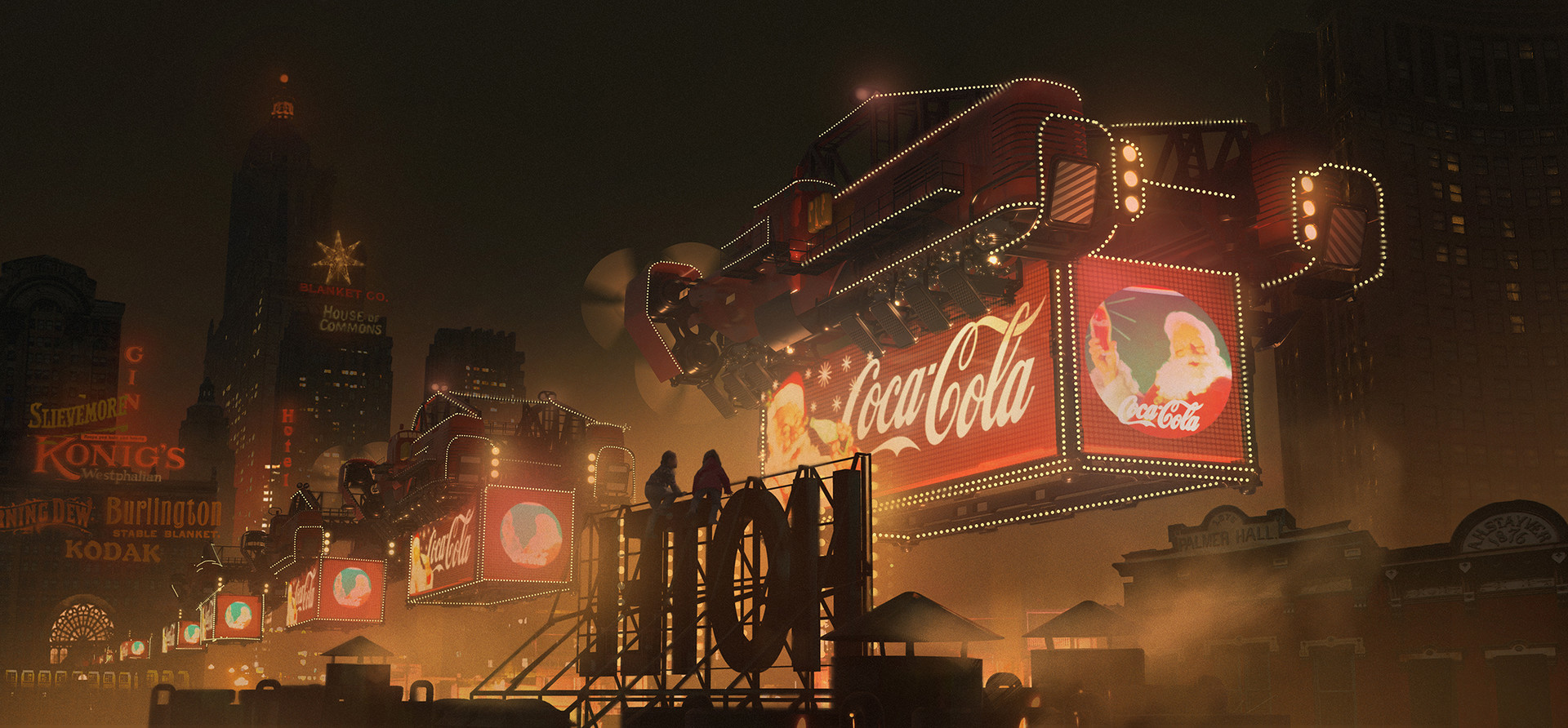 General 1920x892 futuristic Coca-Cola Santa Claus children artwork digital art low-angle