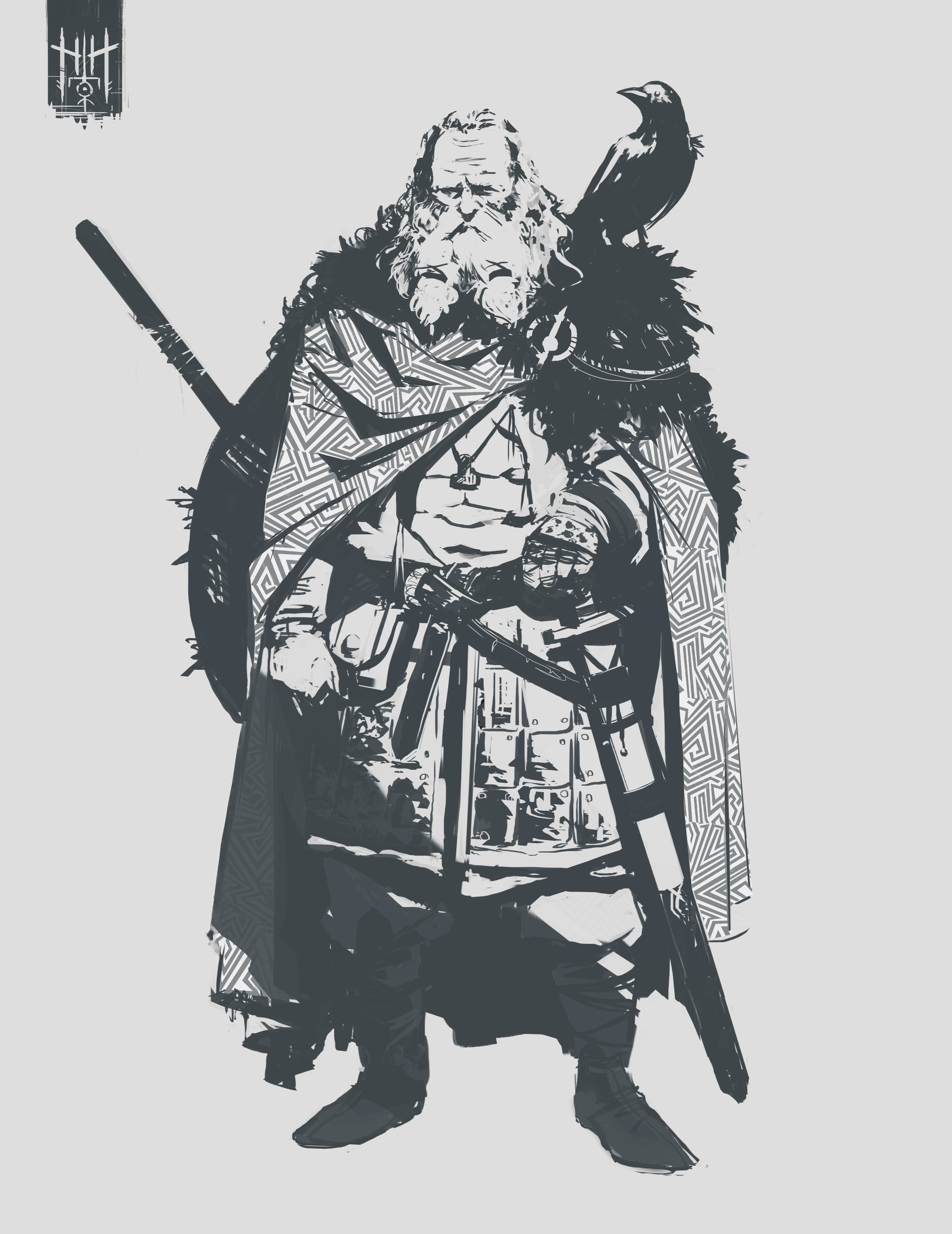 General 1920x2486 Nordic Vikings digital art concept art sword crow men Valentin Demchenko simple background white background
