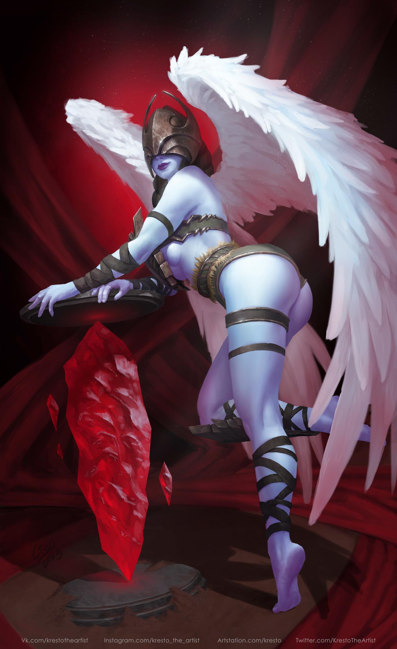 General 1280x2091 Kirill Stepanov drawing Warcraft World of Warcraft valkyries Norse mythology wings helmet straps gems arched back ass barefoot red ruby