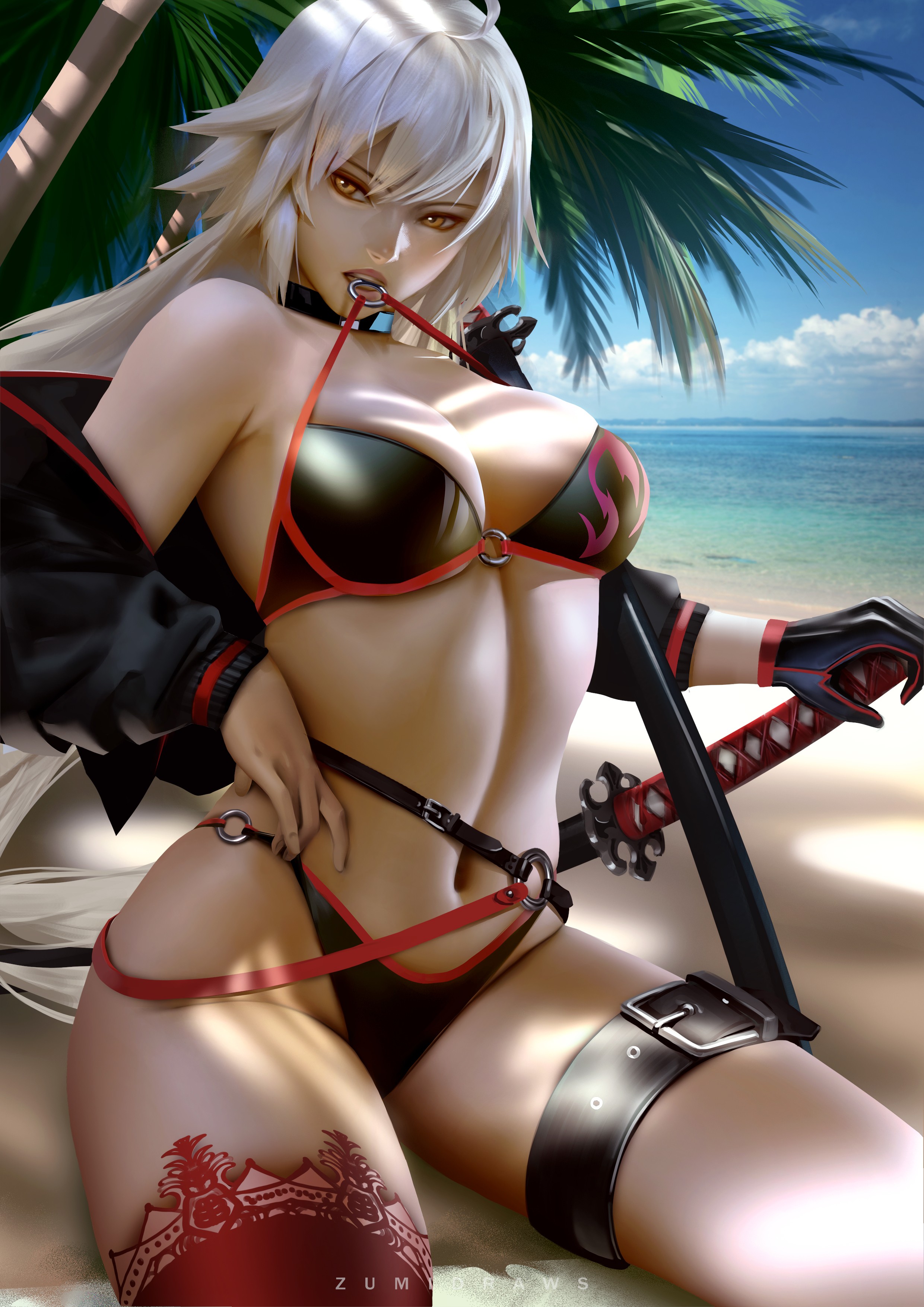 Anime 2481x3508 Zumi beach Jeanne (Alter) (Fate/Grand Order) Jeanne d'Arc (Fate) Fate series big boobs bikini cleavage palm trees pulling clothing white hair yellow eyes curvy open clothes weapon sword
