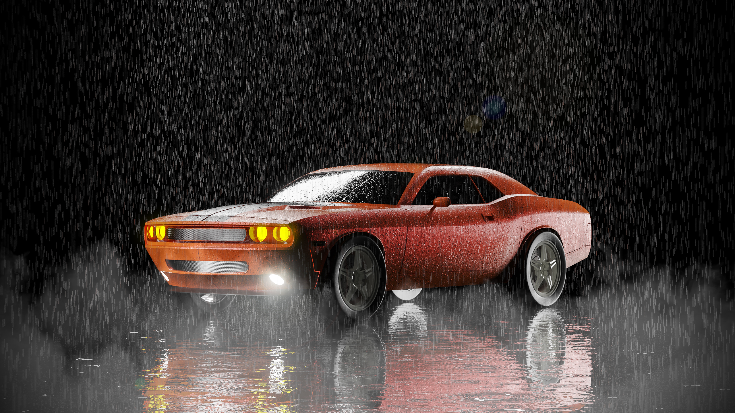 General 2560x1440 CGI digital art car Dodge Dodge Challenger red rain mist yellow reflection sports car minimalism