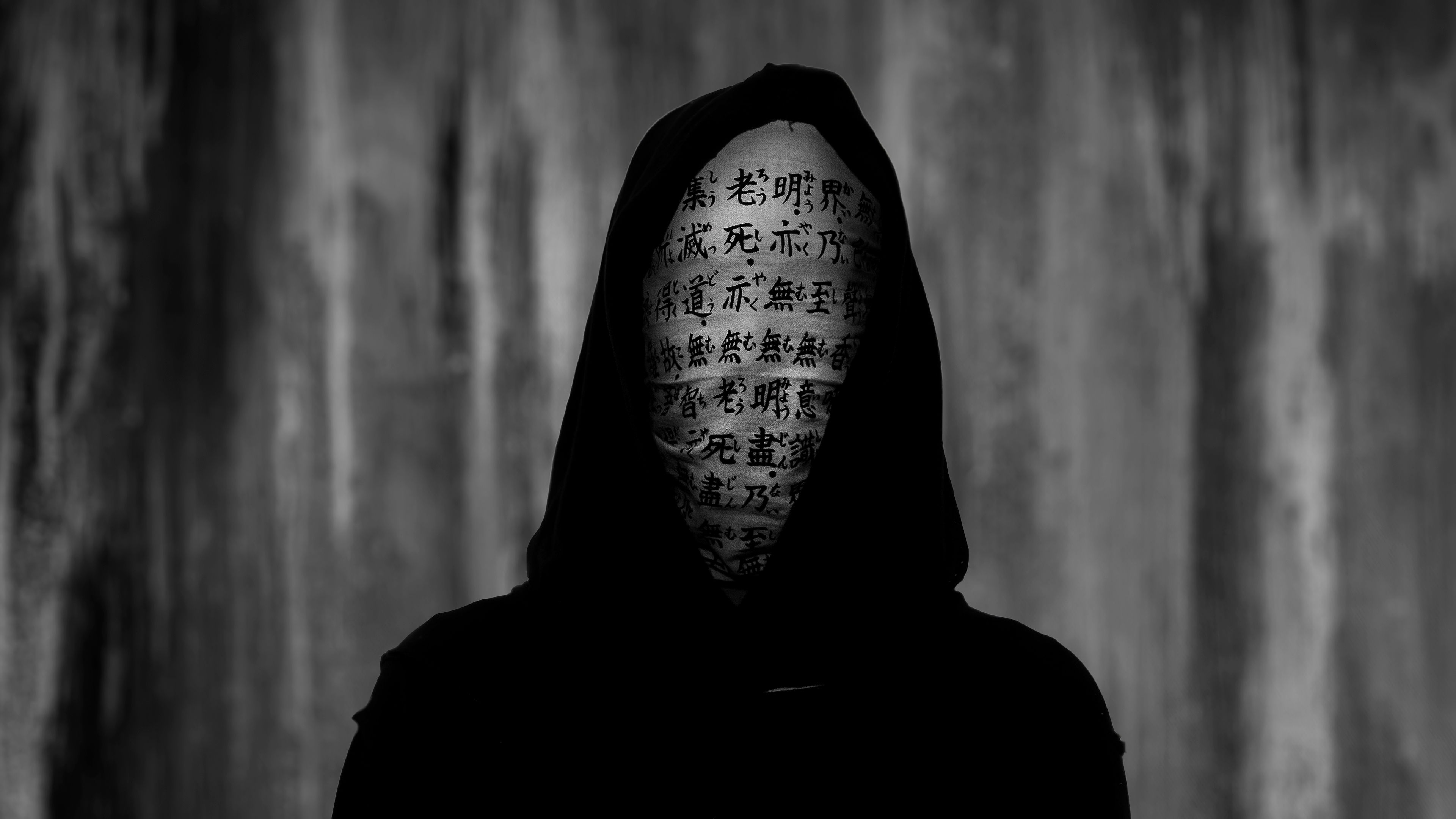 People 3840x2160 Anonymous (hacker group) mask hoods monochrome kanji