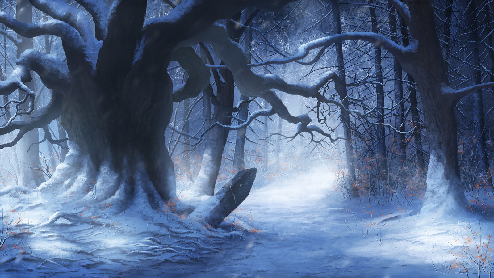 General 1600x900 dark digital art winter snow forest