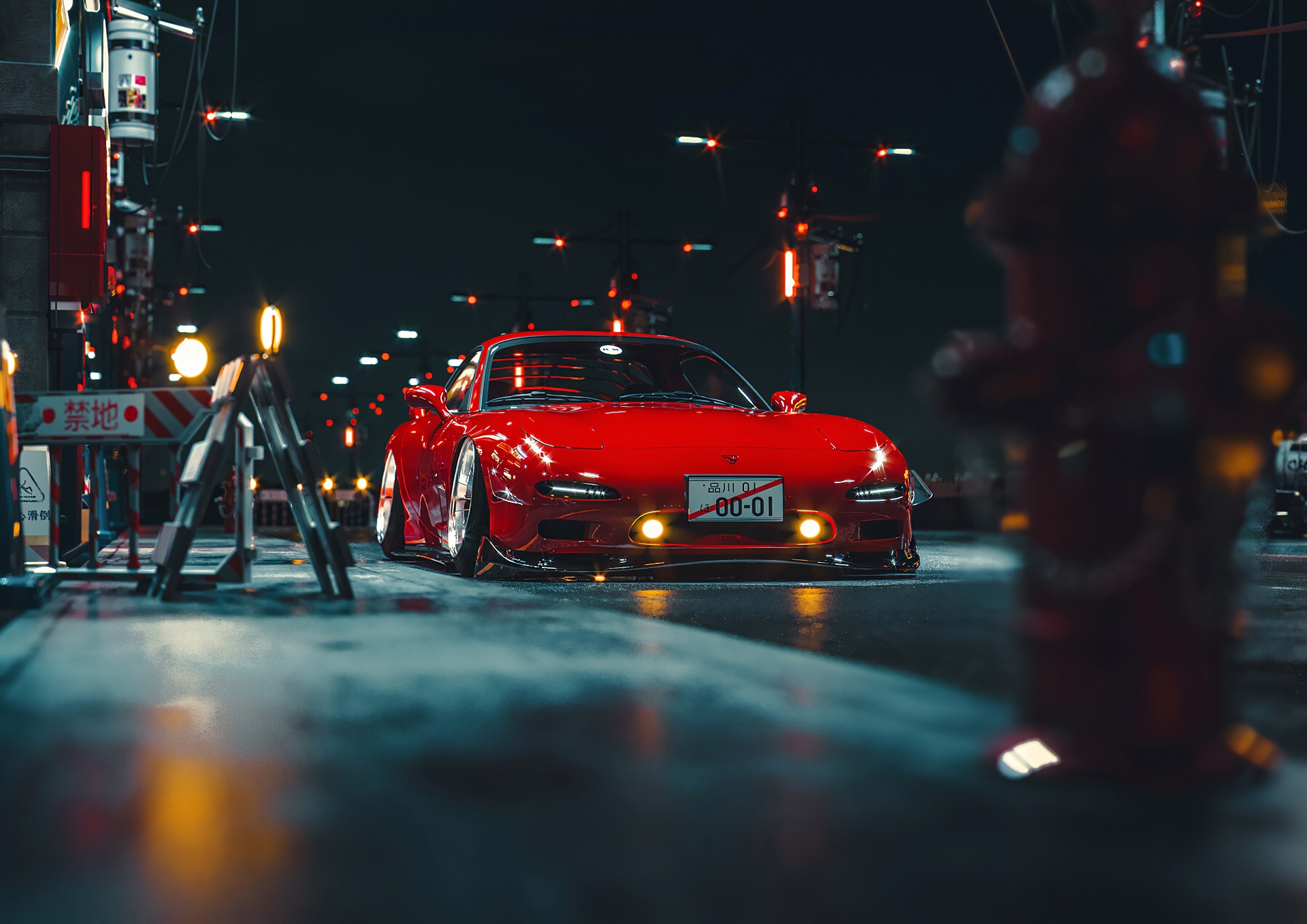 General 1920x1358 Mazda RX-7 car night vehicle red cars Mazda stanced negative camber Japanese cars street urban low-angle frontal view licence plates sky