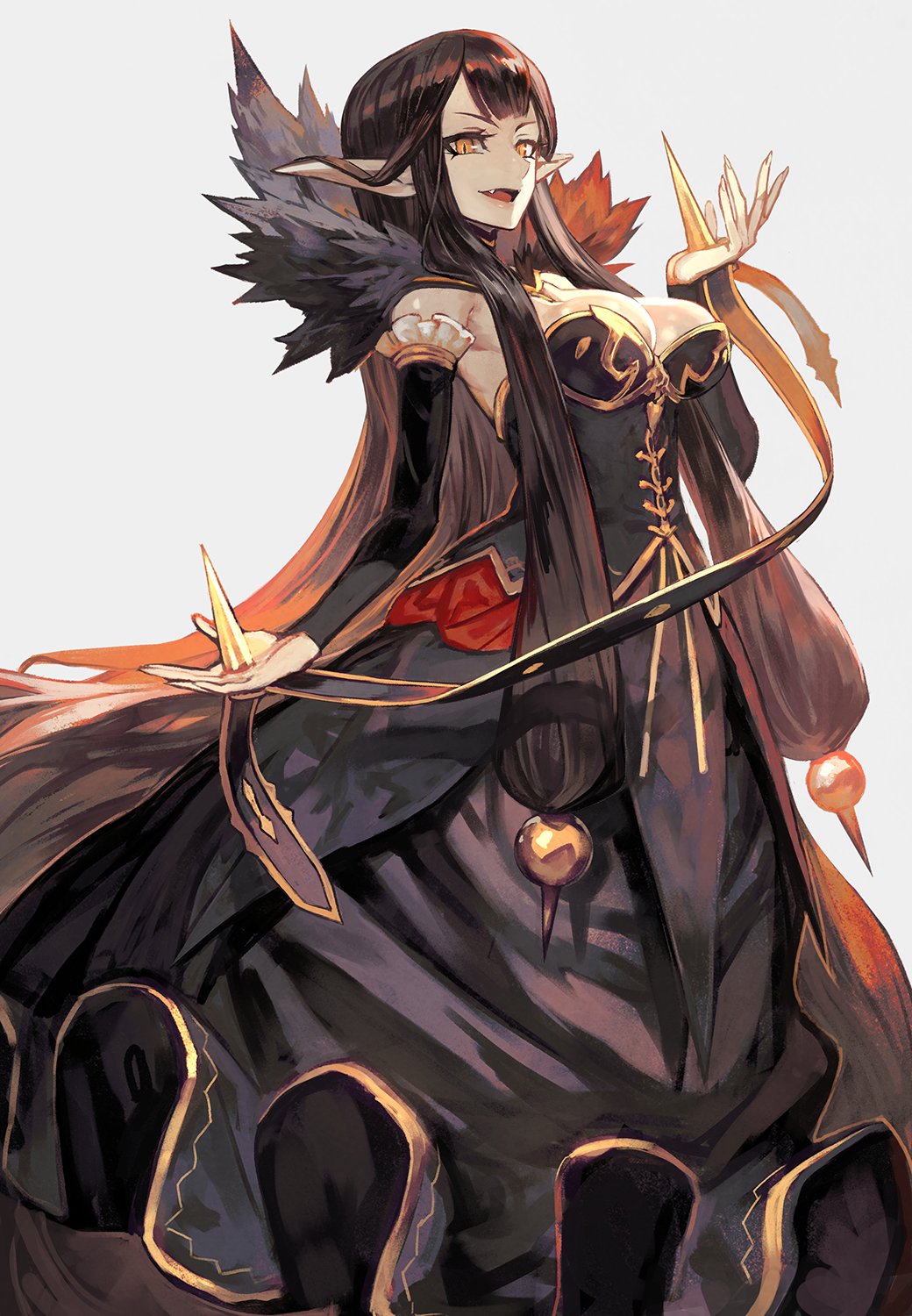 Anime 1040x1500 Fate series Fate/Grand Order Fate/Apocrypha  anime girls long hair big boobs cleavage black hair looking at viewer simple background black dress pointy ears Assassin of Red (Semiramis) (Fate/Apocrypha) yellow eyes fan art 2D portrait display open mouth