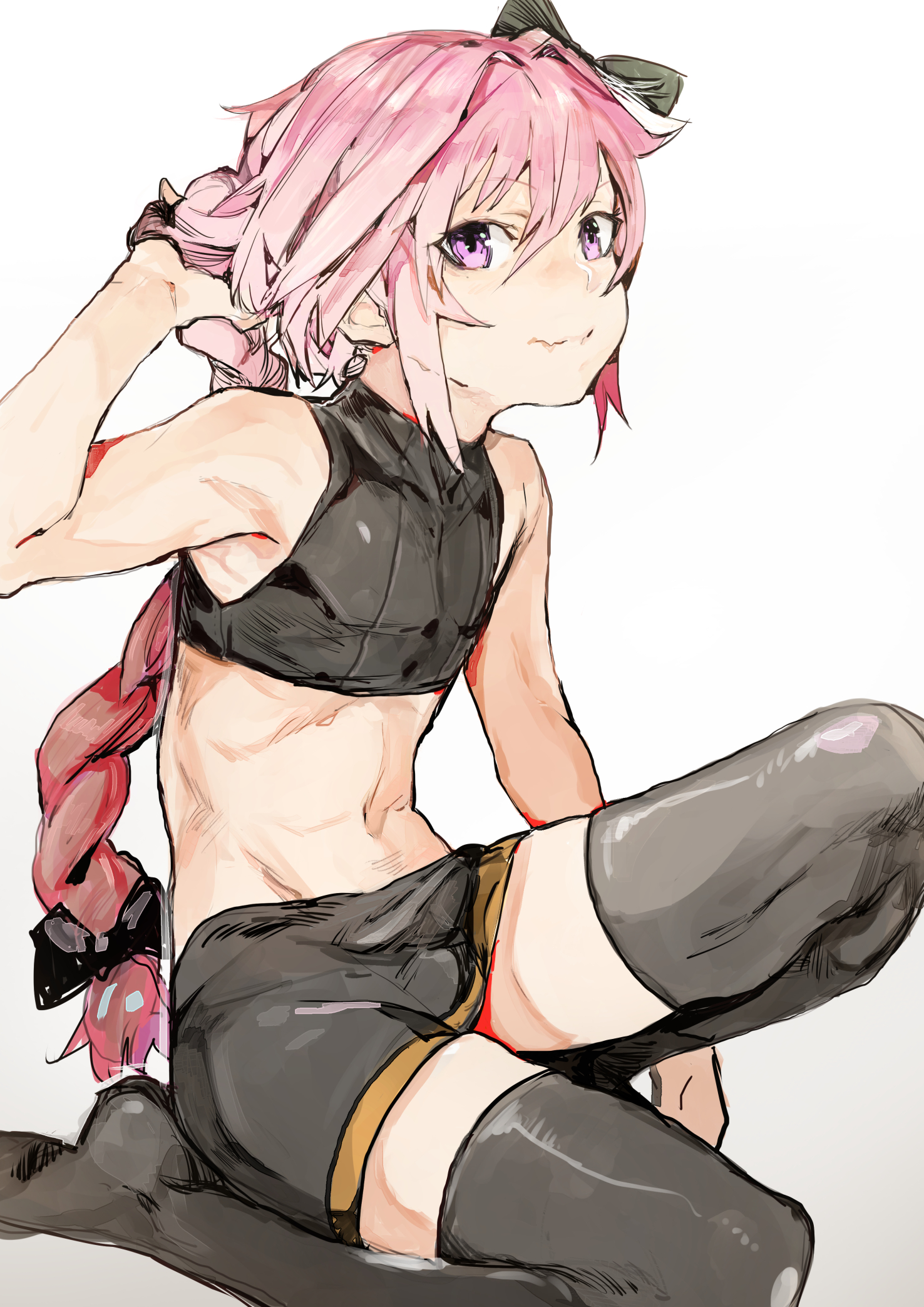 Anime 1476x2087 Fate series Fate/Grand Order Fate/Apocrypha  anime boys 2D thighs femboy black stockings simple background Astolfo (Fate/Apocrypha) abs belly belly button long hair fan art armpits purple eyes bulge