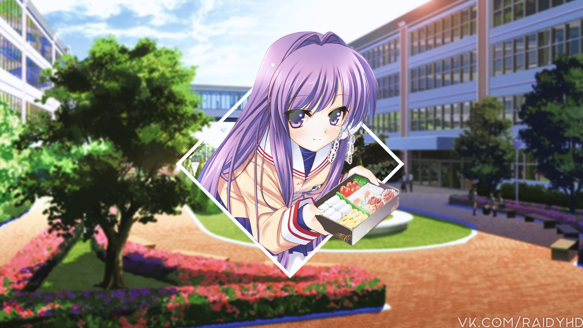Anime 1920x1080 anime anime girls picture-in-picture Clannad Fujibayashi Kyou food looking at viewer long hair purple hair purple eyes watermarked