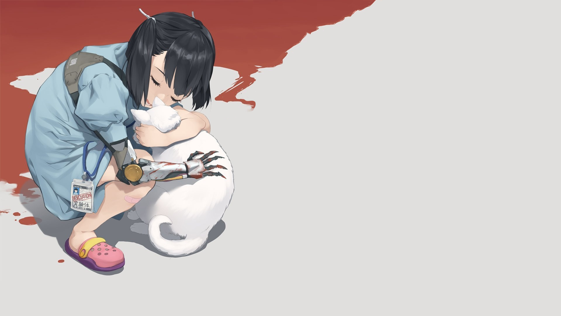 Anime 1920x1080 simple background sad cats gray background blood
