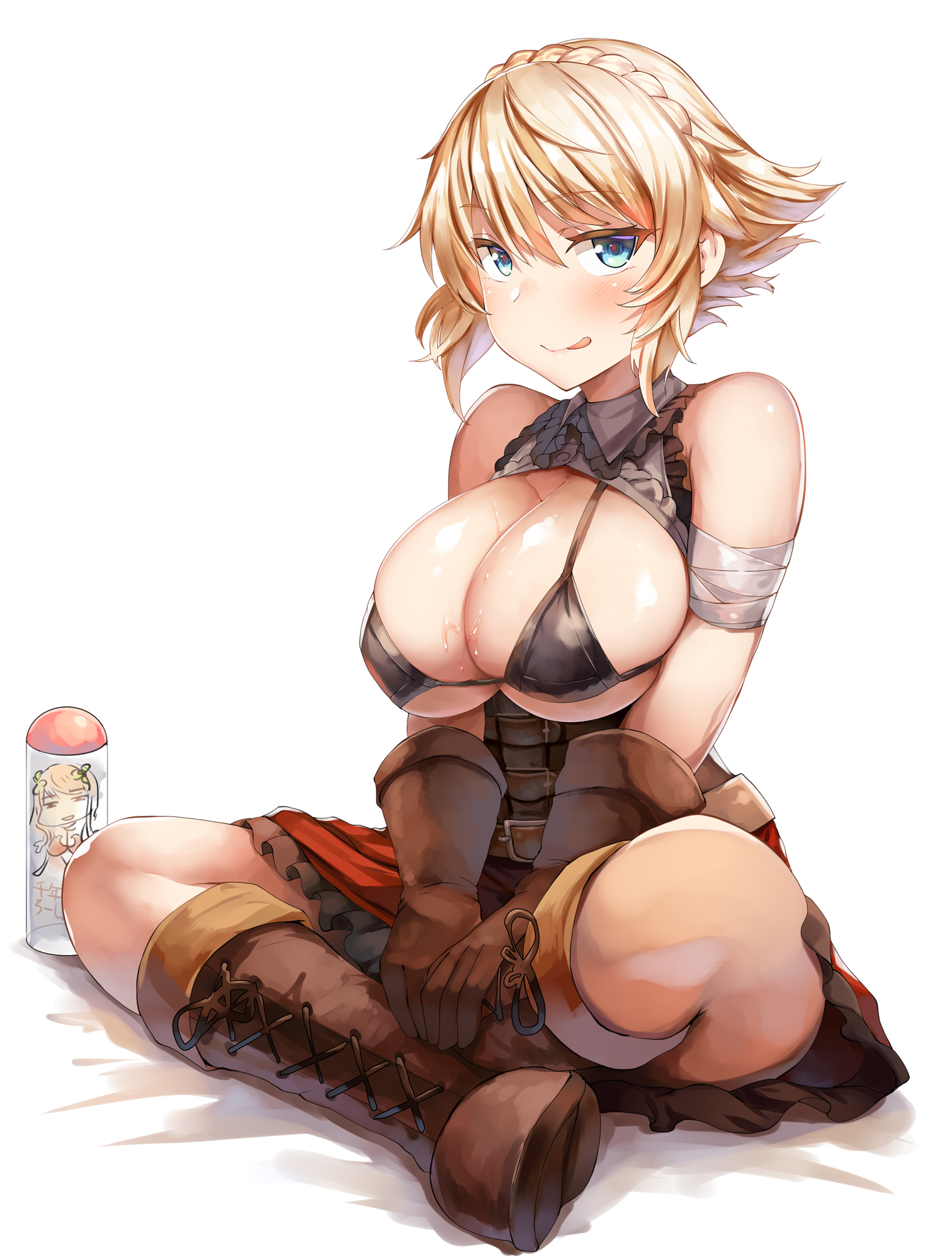 Anime 1512x2000 white background simple background bandages bikini top cleavage Sennen Sensou Aigis underboob big boobs huge breasts tight clothing wide breasts blonde micro bikini sitting braids blue eyes anime girls anime boots bare shoulders Lolicept licking lips