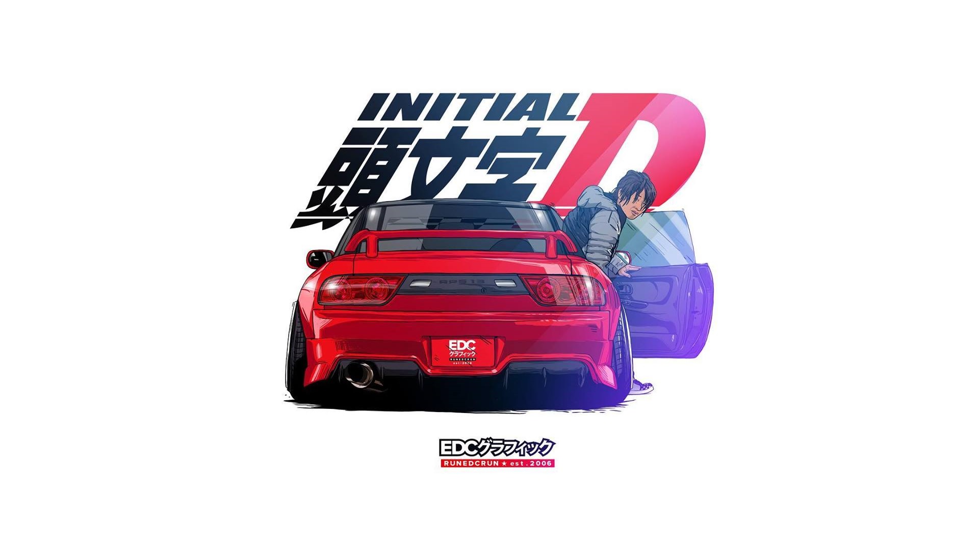General 1920x1080 EDC Graphics Nissan 240SX Nissan CGI Initial D anime Japanese cars rear view red cars simple background white background car vehicle anime men 2006 (Year)
