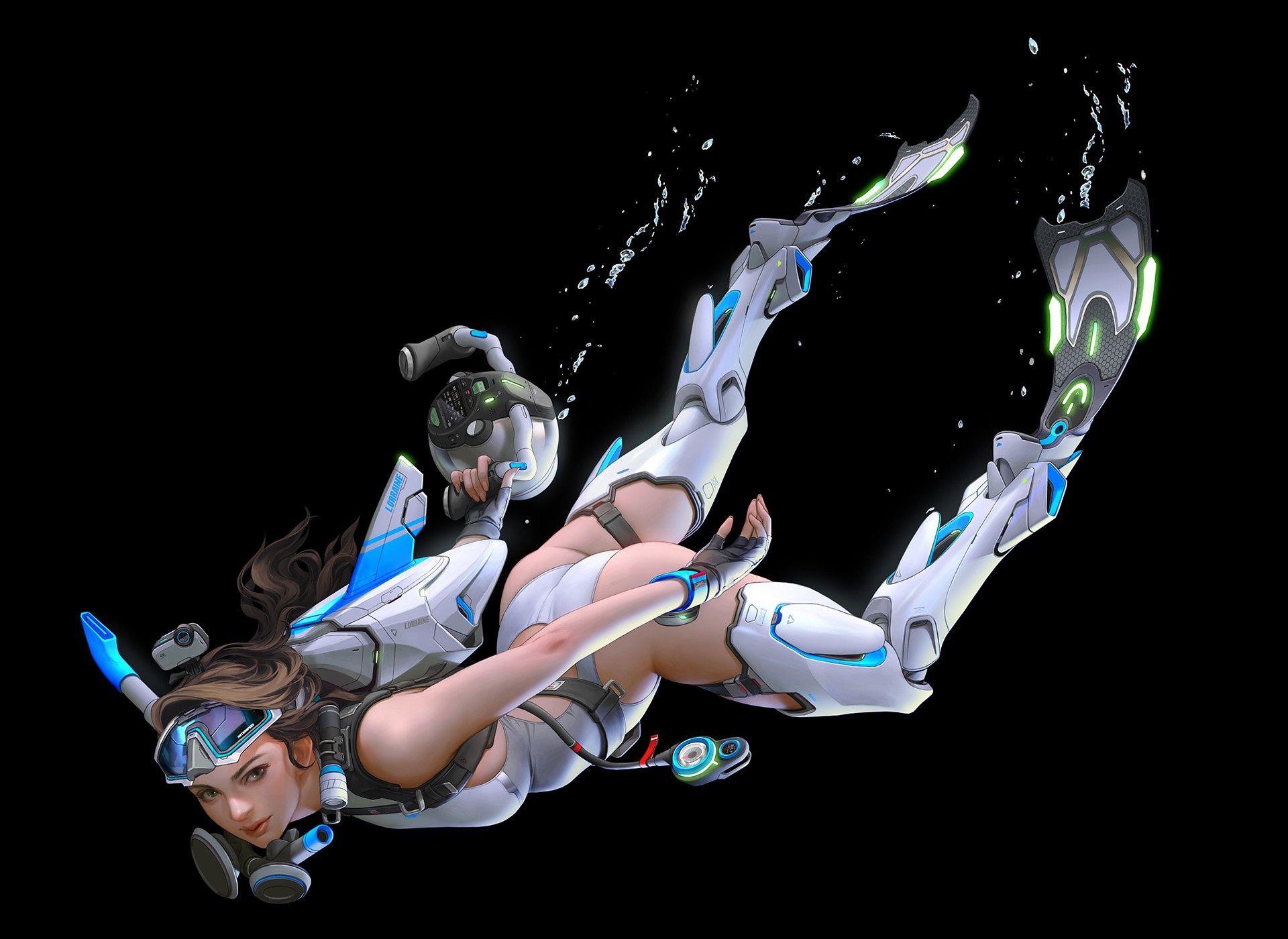 General 1920x1400 science fiction women artwork scuba diving futuristic diving suits simple background digital art