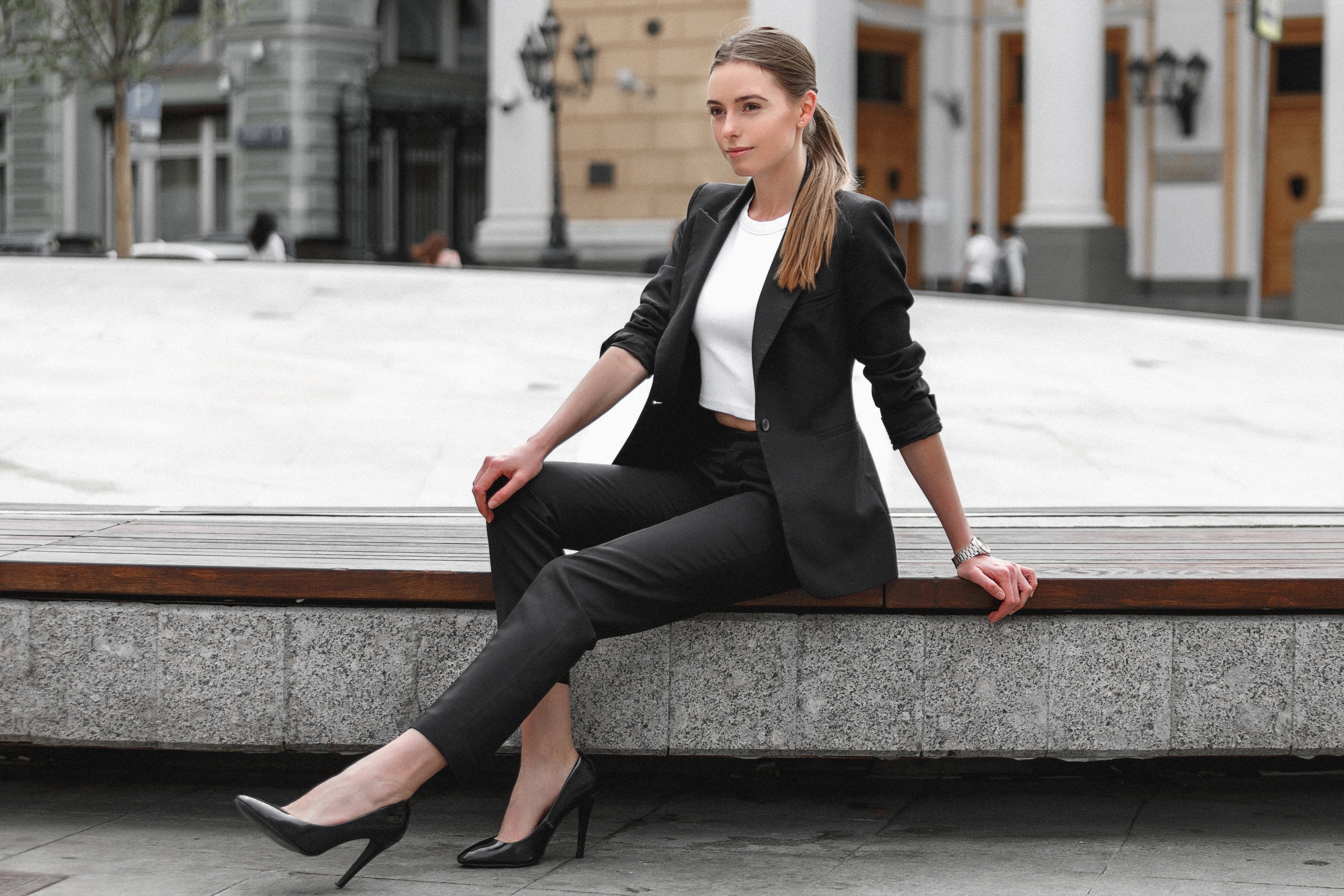 People 2560x1707 women women outdoors urban model high heels sitting Alexey Polskiy black jackets vest white tops ponytail public