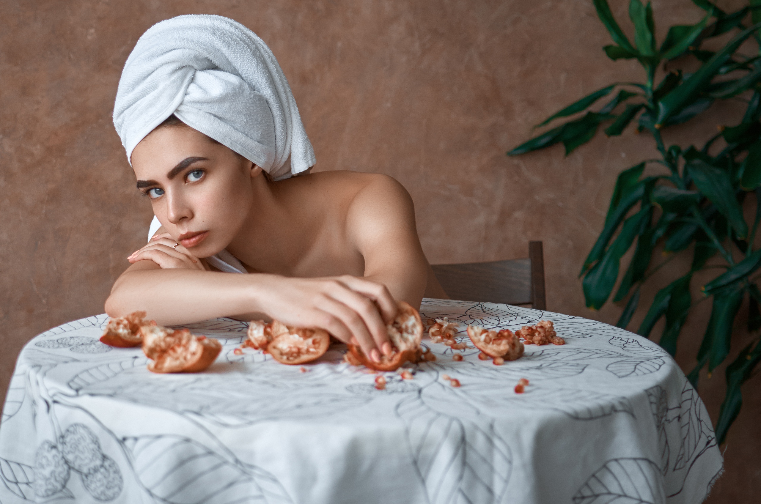 People 2560x1696 table women model Artemy Mostovoy towel pomegranate towel head