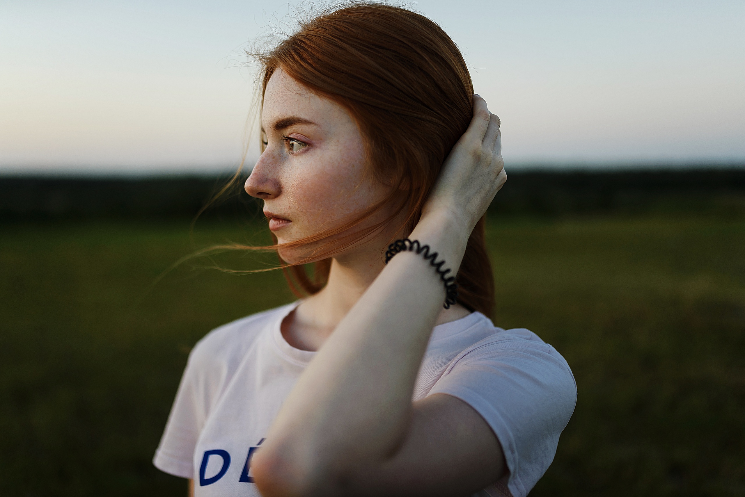 People 2560x1709 women model portrait outdoors redhead T-shirt depth of field hands on head looking into the distance profile face women outdoors Aleks Five white tops white t-shirt