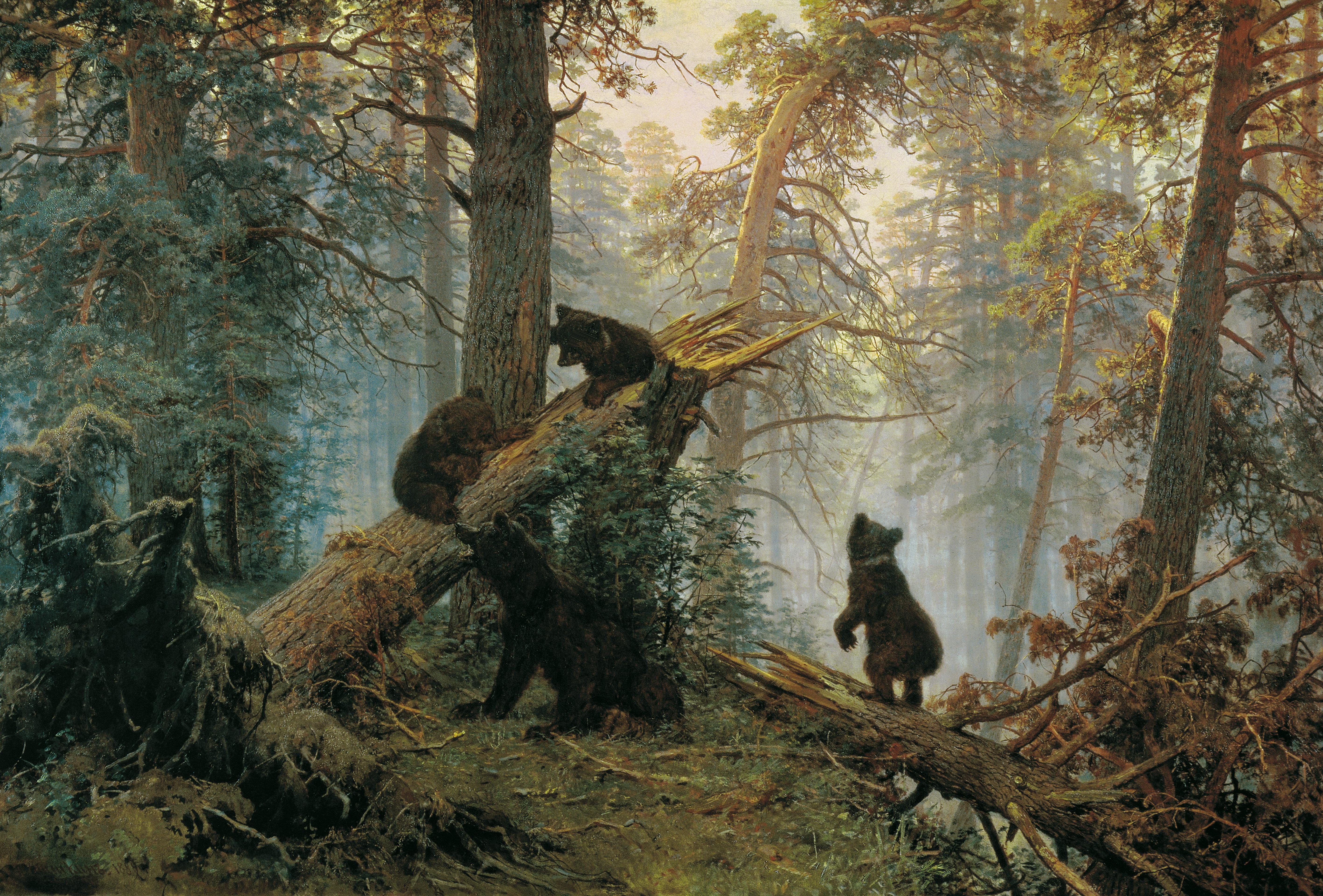 General 5668x3840 classic art Konstantin Savitski Ivan Šiškin 1889 (year) animals bears painting forest nature trees Morning in a Pine Forest