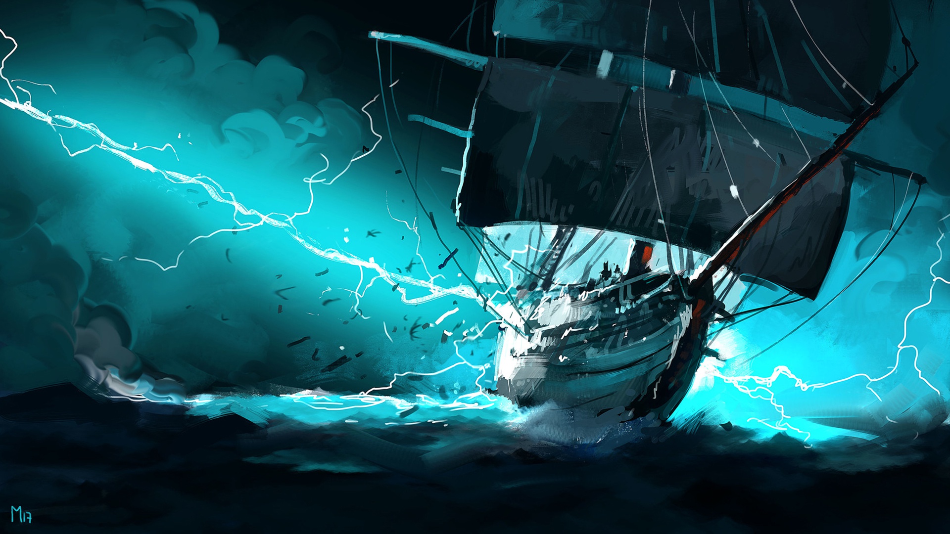 General 1920x1080 fantasy art storm ship sea artwork Dominik Mayer cyan waves lightning