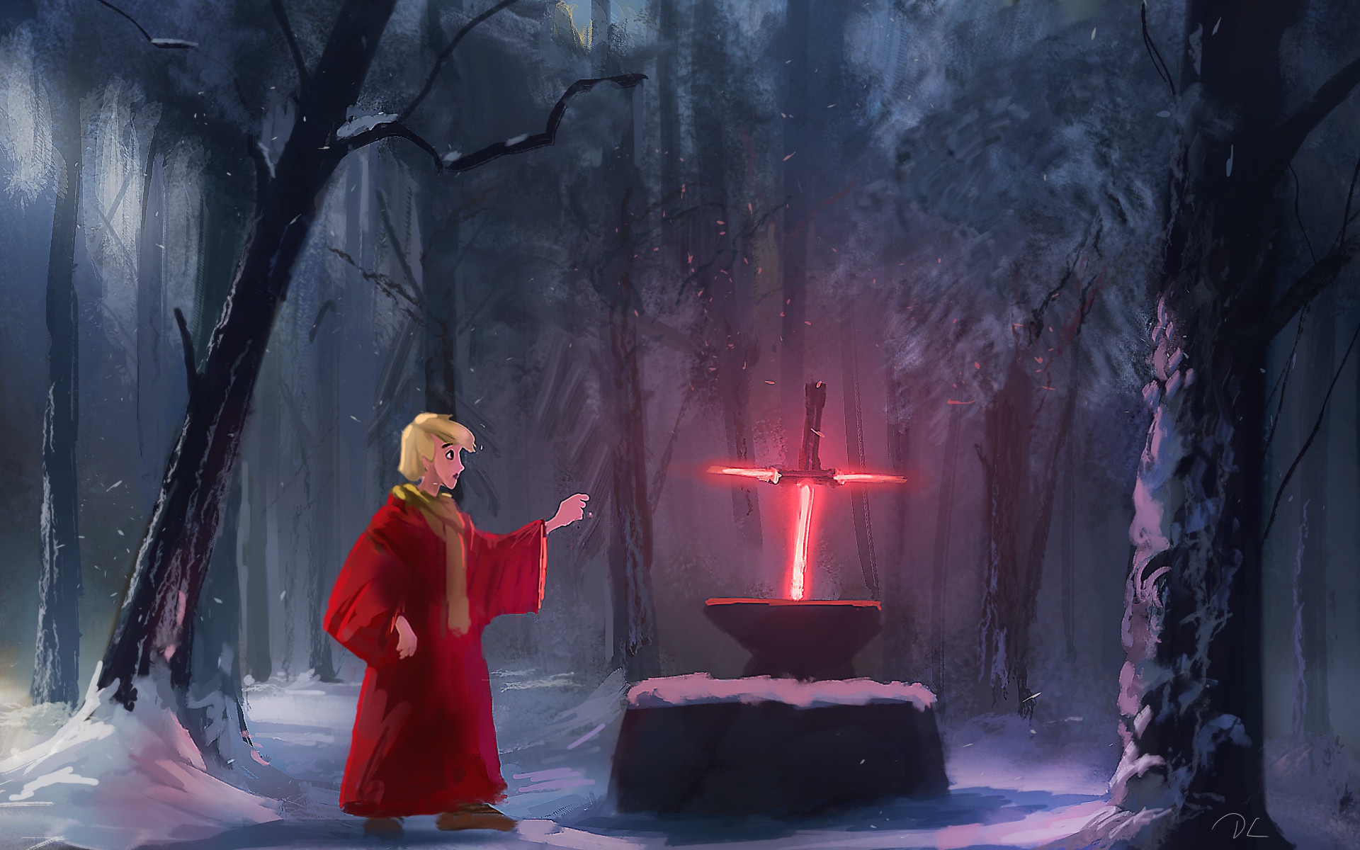 General 1920x1200 lightsaber Disney fantasy art Star Wars crossover forest snow anvil red artwork Excalibur