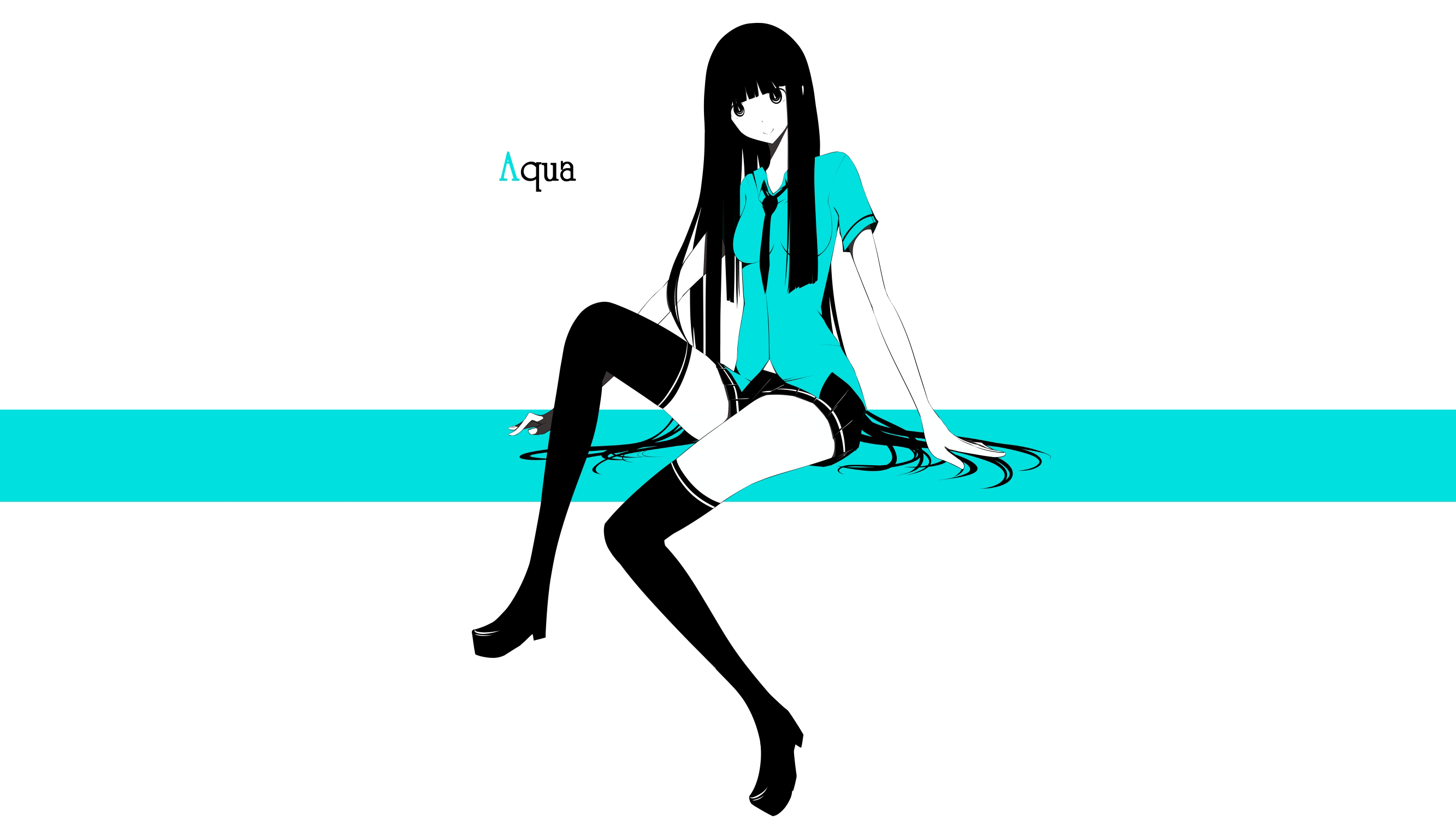 Anime 2666x1500 haru@ anime girls original characters simple background sitting thigh-highs long hair skirt shirt cyan