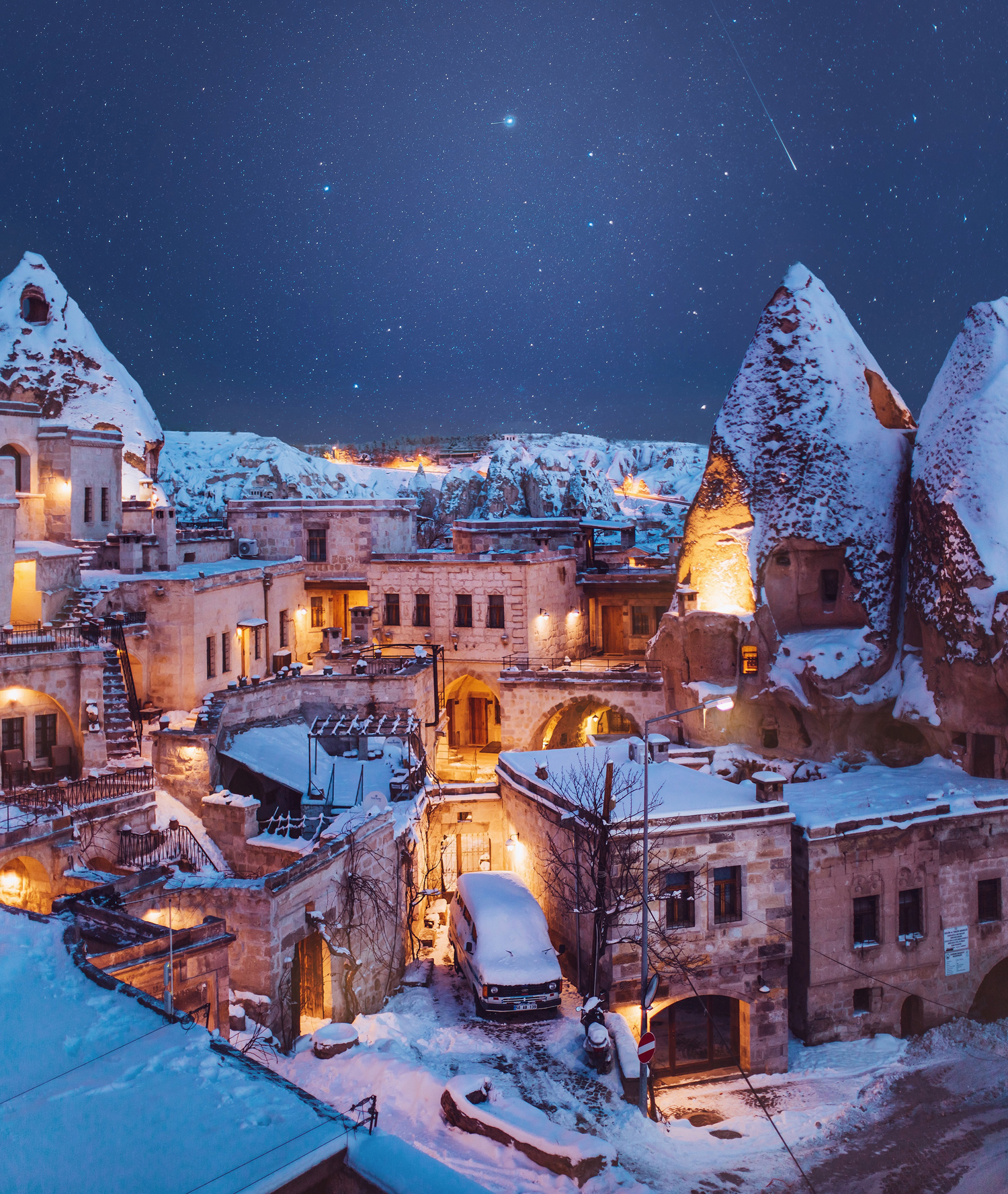 General 1500x1777 architecture building cityscape city night winter snow car lights old building house clear sky stars rooftops Cappadocia Turkey