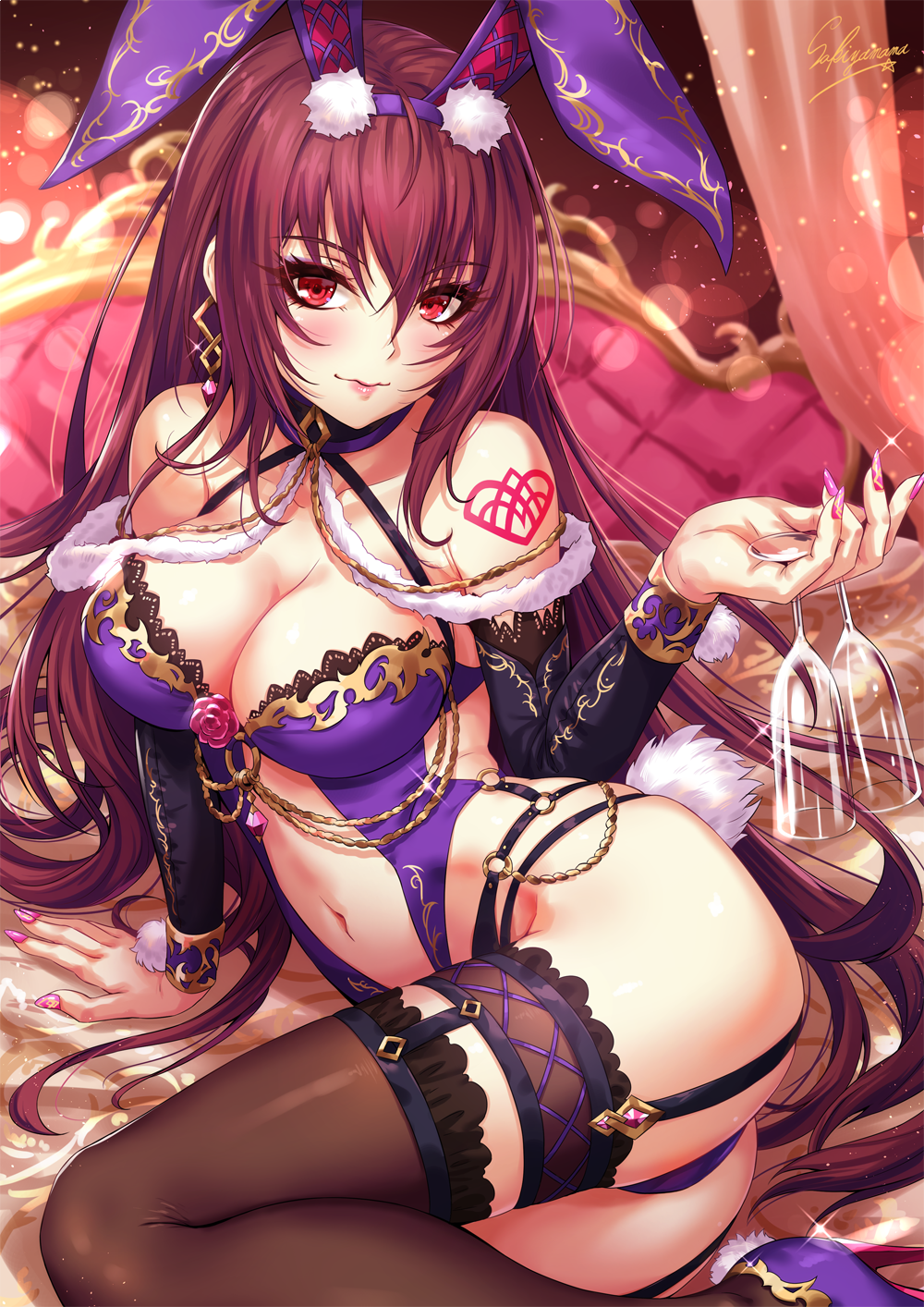 Anime 1000x1414 anime girls anime Fate/Grand Order Scathach bunny ears sakiyamama boobs lingerie ass stockings red eyes portrait display Fate series