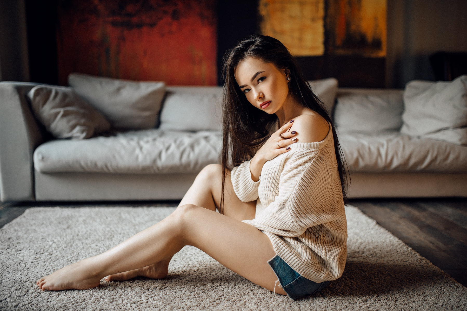 People 1798x1200 women jean shorts portrait couch red lipstick on the floor painted nails dark hair grey sofa living rooms white sweater sweater bare shoulders