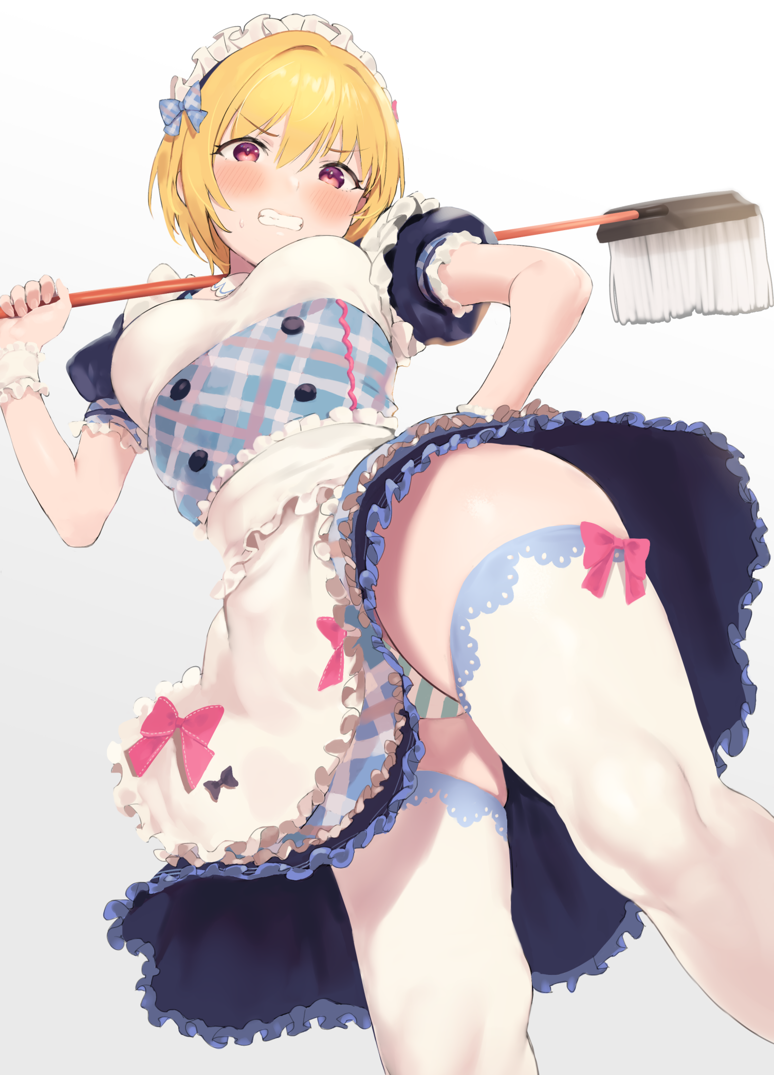 Anime 1506x2093 anime girls anime nekoshoko2 upskirt striped panties maid outfit stockings blushing blonde panties red eyes standing low-angle angry looking below