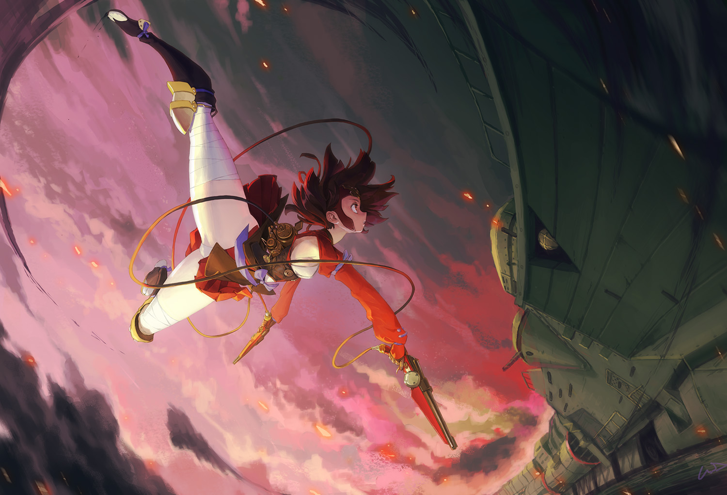 Anime 1500x1021 Koutetsujou no Kabaneri anime girls Mumei fantasy weapon brunette short hair small boobs train female soldier girls with guns hair blowing in the wind thighs the gap white panties no bra sideboob thick thigh black boots glutes spread legs sunset 2D anime fan art