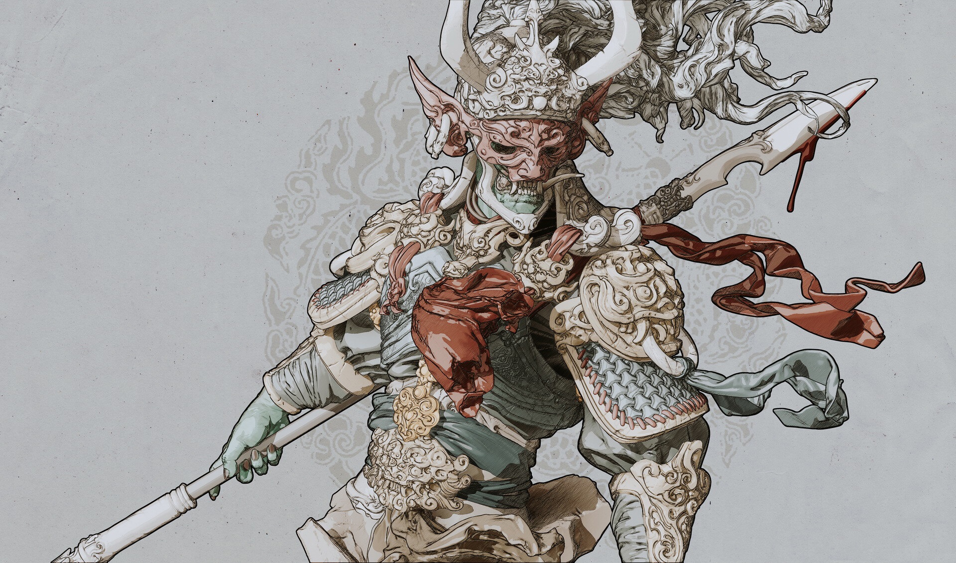 General 1920x1130 fantasy art armor weapon horns demon oni fantasy armor spear helmet mask green skin blood