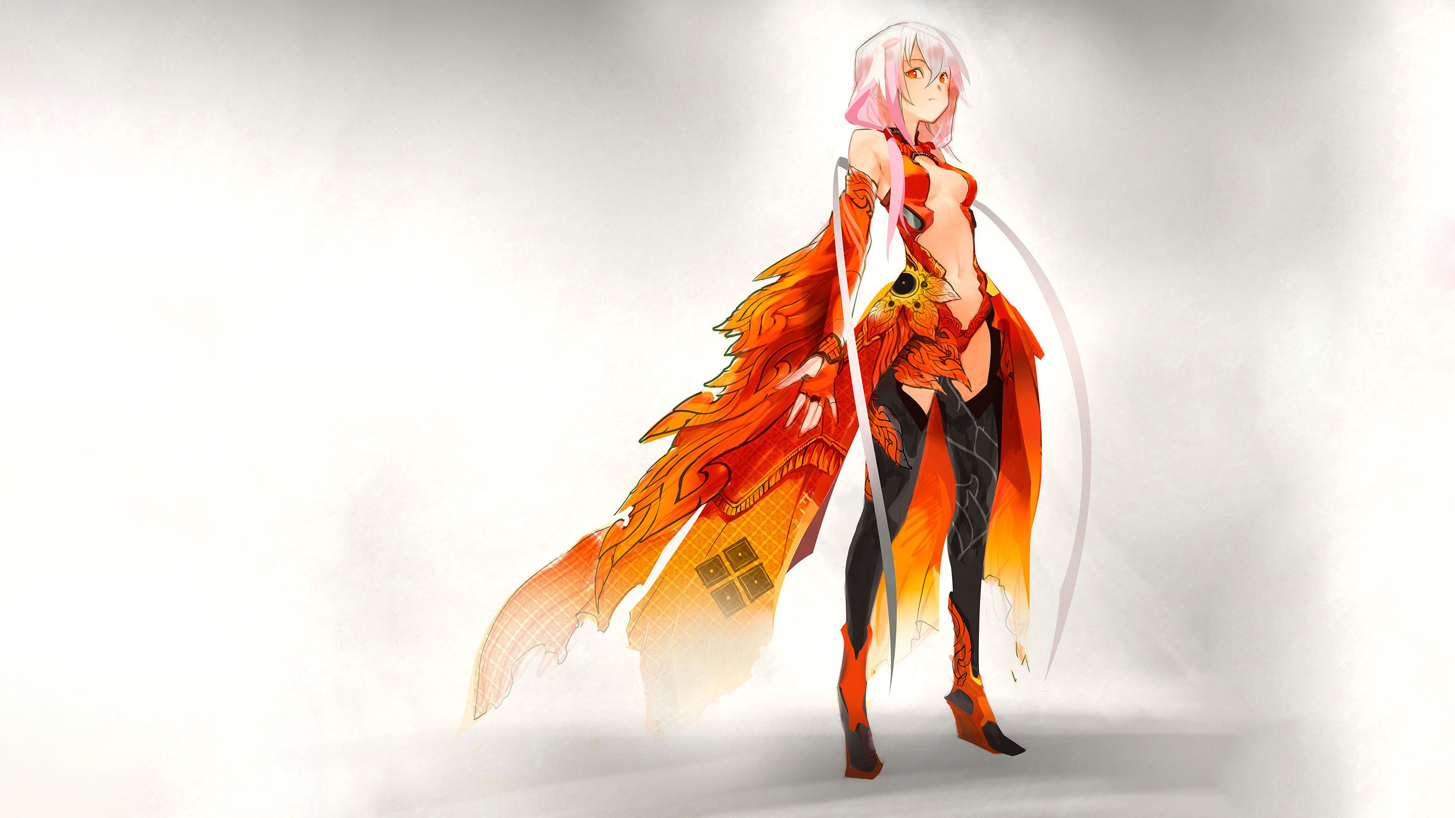 Anime 2844x1600 anime anime girls long hair Guilty Crown pink hair belly button orange eyes bare shoulders detached sleeves gloves bodysuit boots simple background Yuzuriha Inori
