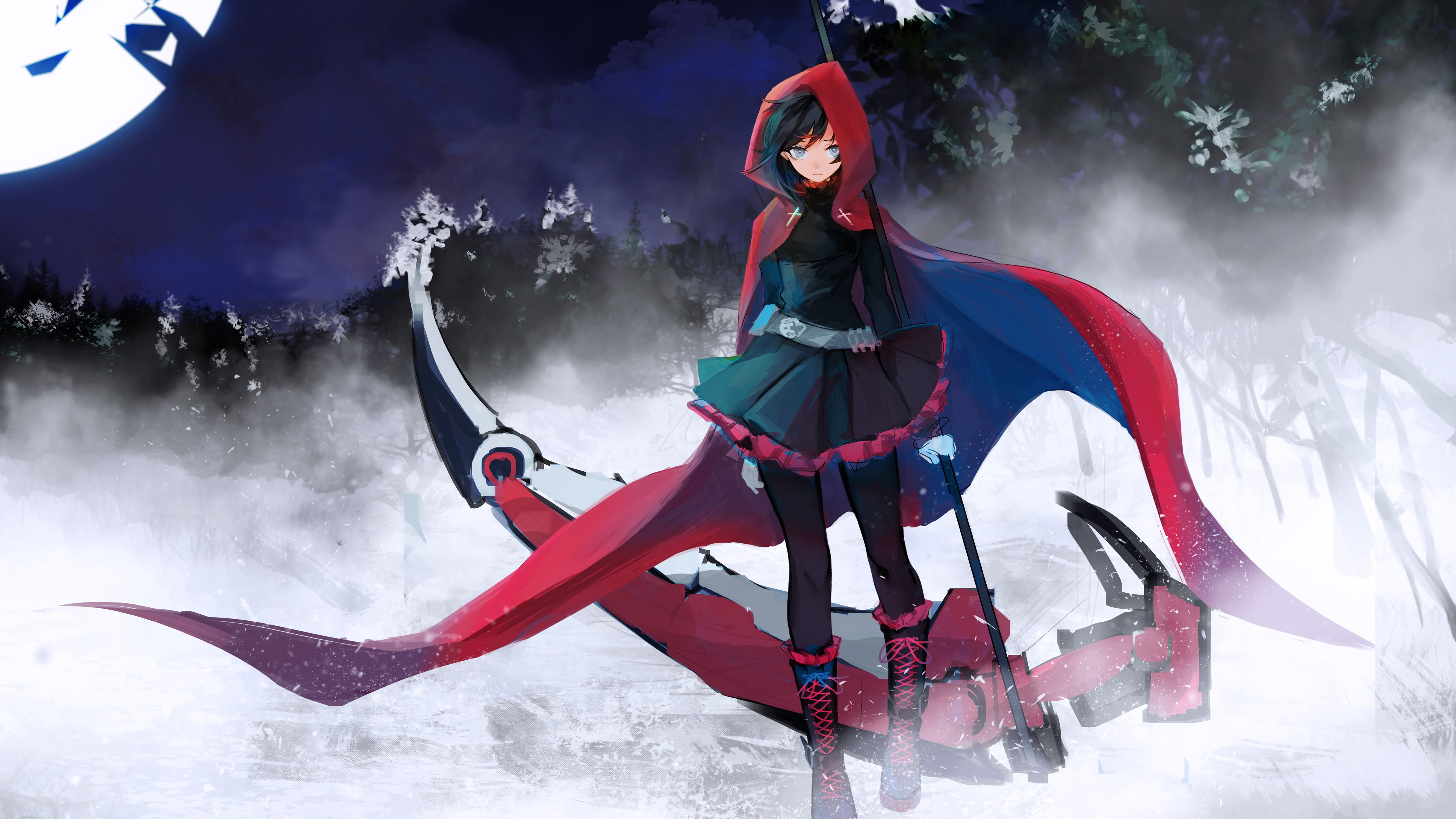 Anime 3840x2160 RWBY Moon mist artwork anime anime girls forest fantasy weapon looking at viewer standing hoods cape Ruby Rose (RWBY)