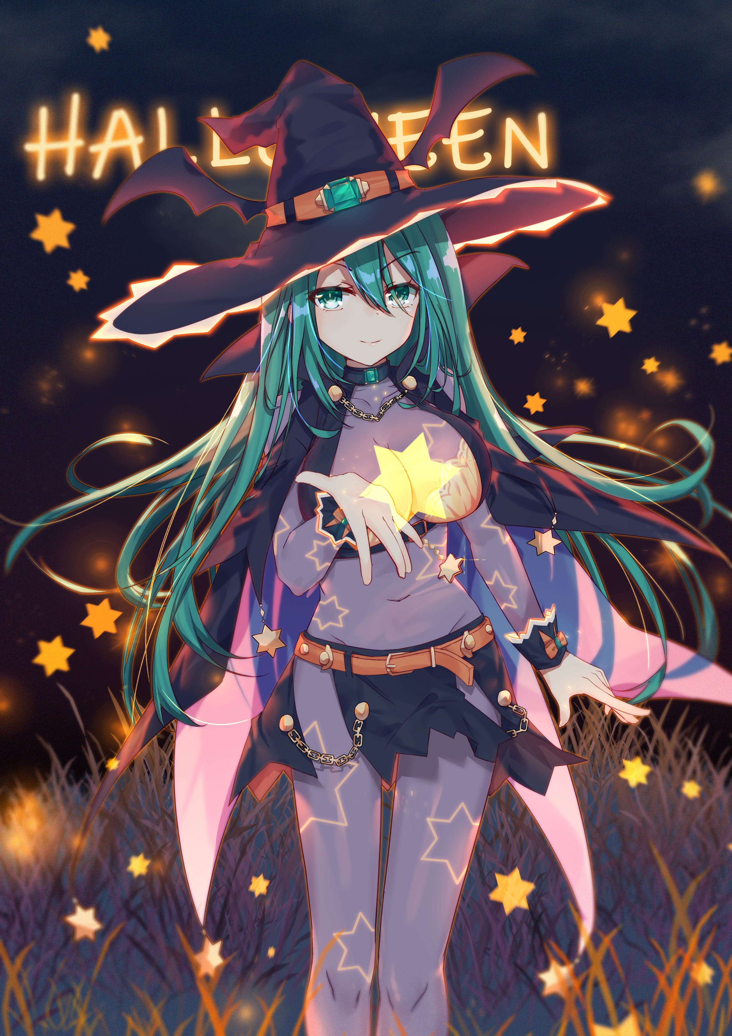 Anime 2480x3508 Halloween witch hat cleavage Date A Live Natsumi (Date A Live) tattoo witch anime girls anime green hair green eyes big boobs cyan hair