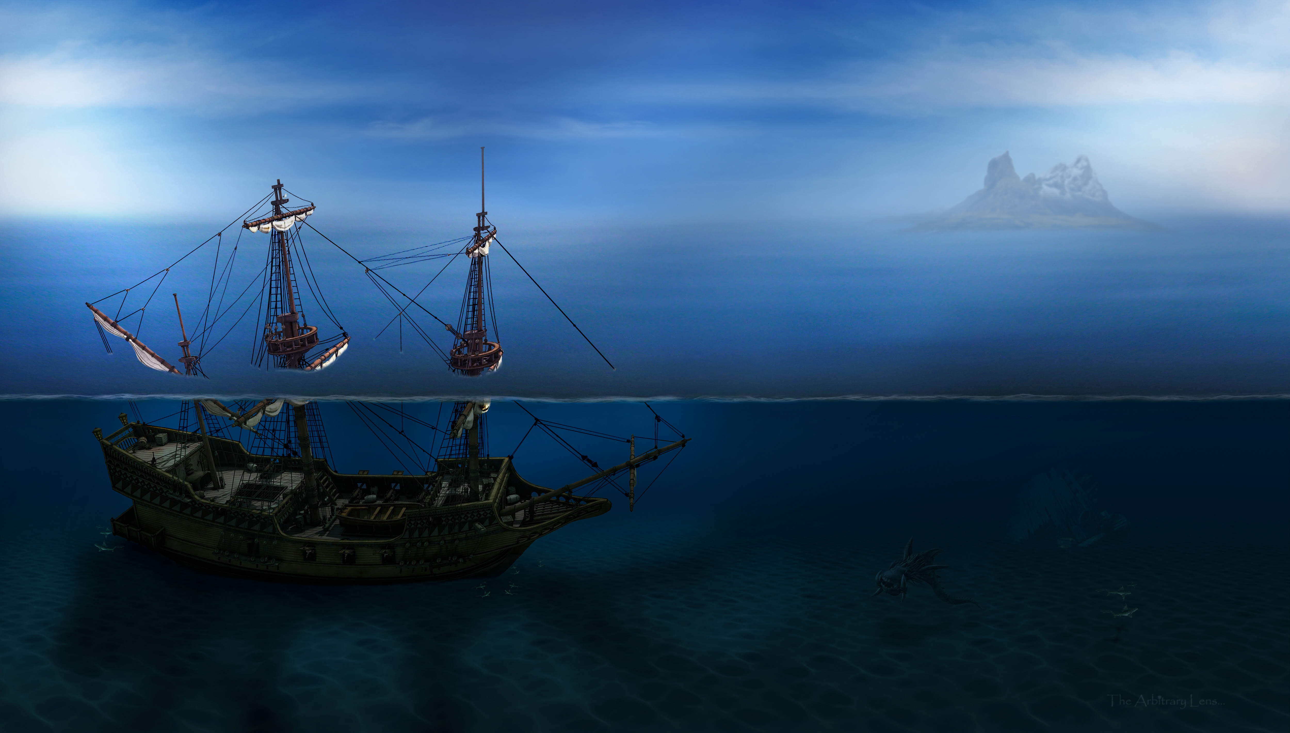 General 5000x2840 boat pirates sea blue water sailing sailing ship digital art Pirate ship sinking island ship sky clouds underwater in water